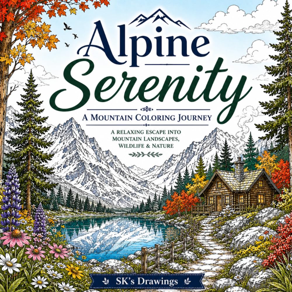 Alpine Serenity: A Mountain Coloring Journey: A Relaxing Collection of Mountains, Lakes, Cabins, Wildlife & Scenic Trails