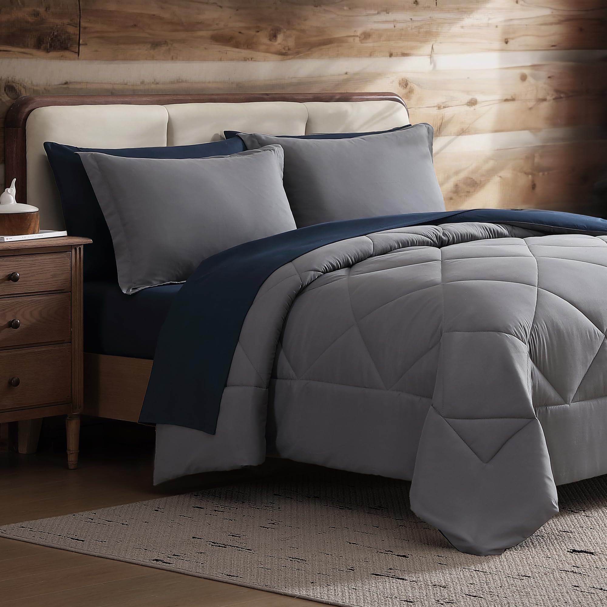 Coleman Queen Comforter Set Reversible Bed-in-a-Bag– Double-Sided Color Options, All-Season Comforter + Shams + Sheets – Perfect for Home, Cabin or Camp Use, Navy/Gray