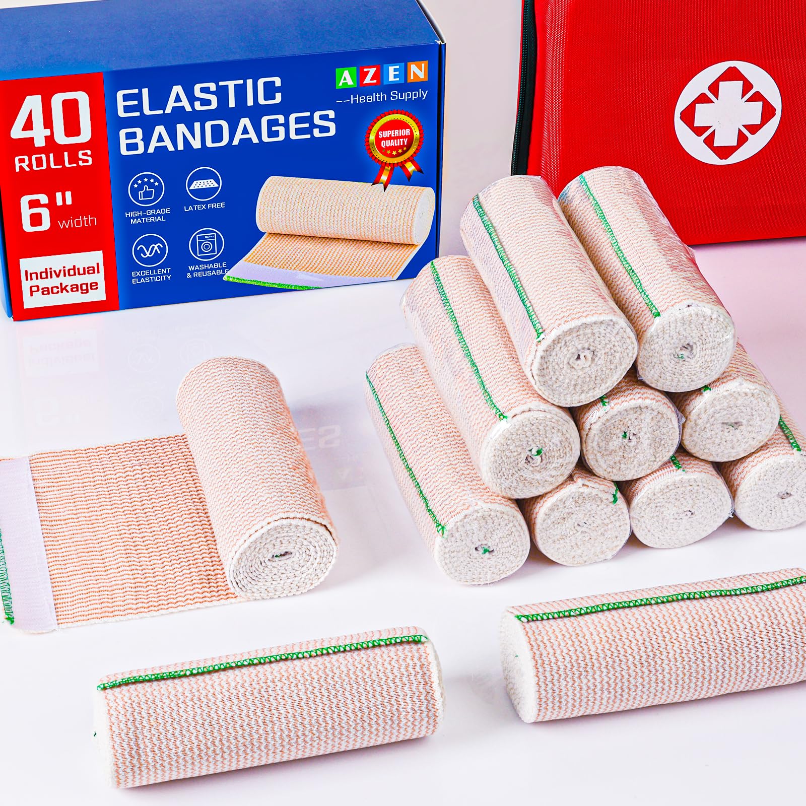 AZEN Paquete de 40 vendas elásticas de compresión de 6 pulgadas para piernas, tobillo, rodilla, barriga, cuerpo, sin látex, vendas de linfedema para piernas