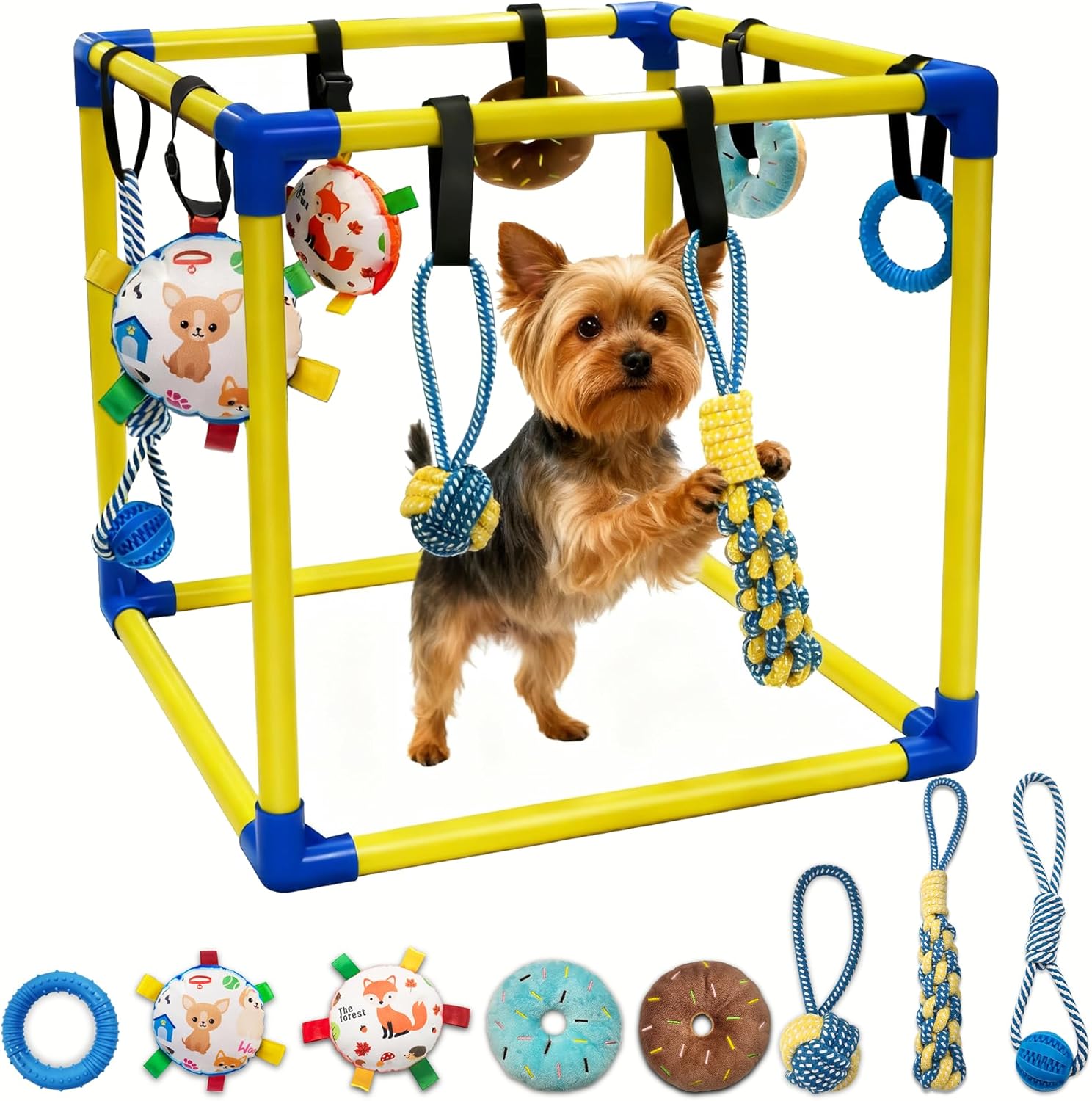 Puppy Play Gym with 8 Hanging Toys, Indoor Activity Gym for Small Dog with Enrichment Interactive Toy Adjustable PVC Frame Training Activity Center Puppies Entertainment, Teething (Yellow)