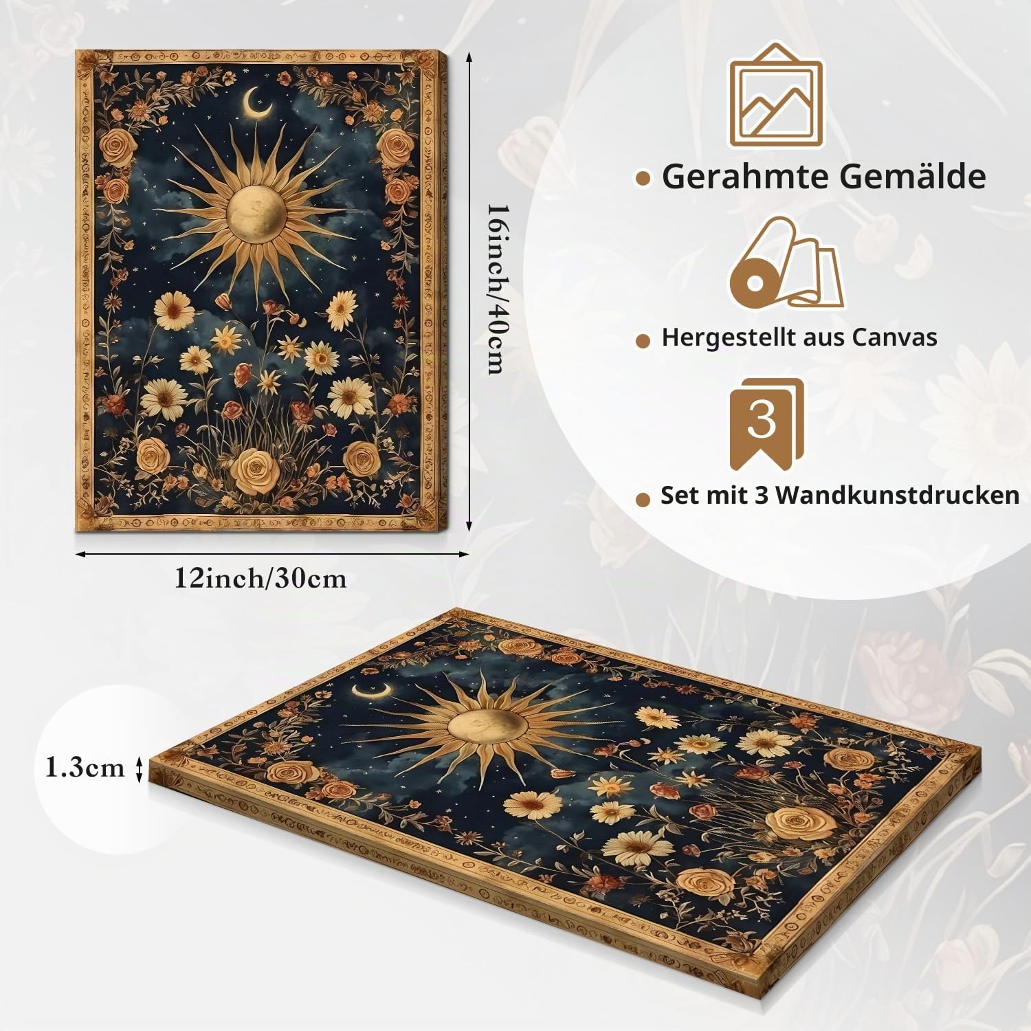 Dazzlewall 3er Set Vintage Boho Gothic Wandkunst, Sonne & Mond Tarotkarten Blüten Geheimnisvolle Okkulte Wandbilder für Schlafzimmer Wohnzimmer Mit Rahmen 30x40 cm
