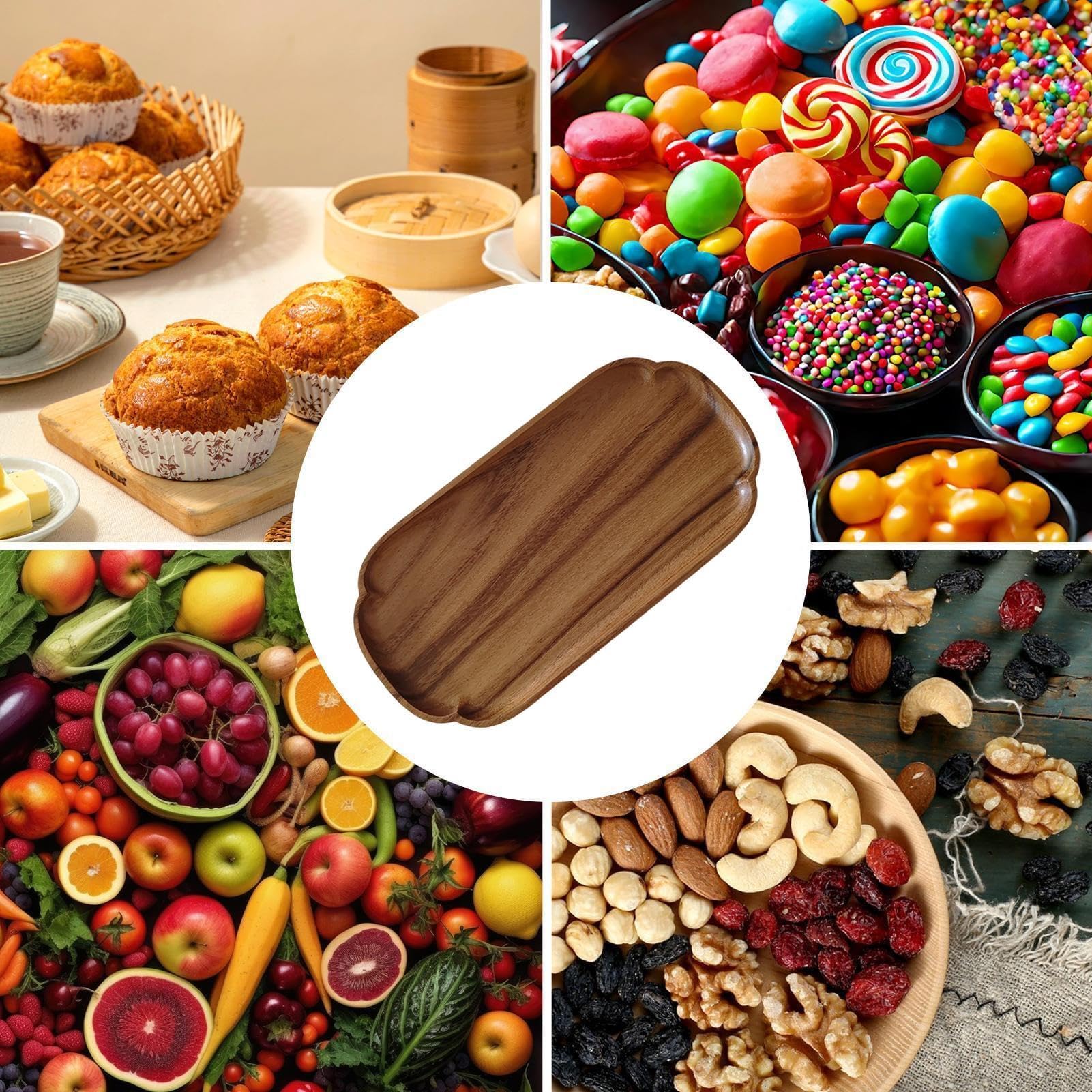 Bandeja de madera para servir y tabla de charcutería, 30 x 15 cm, diseño de madera natural para exhibición de alimentos, ideal para cocina, comedor, fiestas de barbacoa y entretenimiento