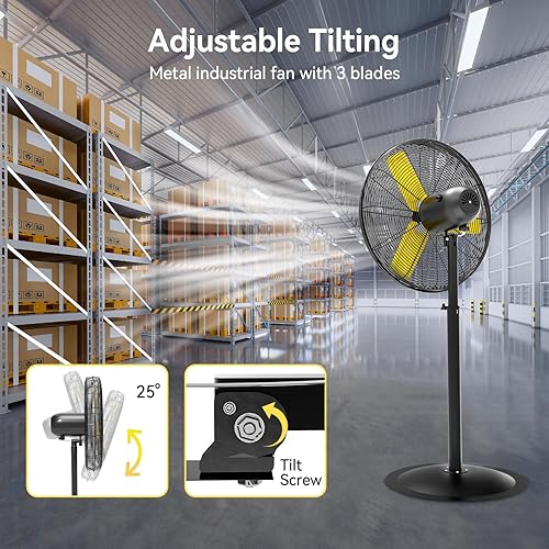 Miniatura 5 de Ventilador de pedestal industrial comercial de 24 pulgadas oscilante, 7800 CFM, ventiladores industriales resistentes con 3 velocidades,