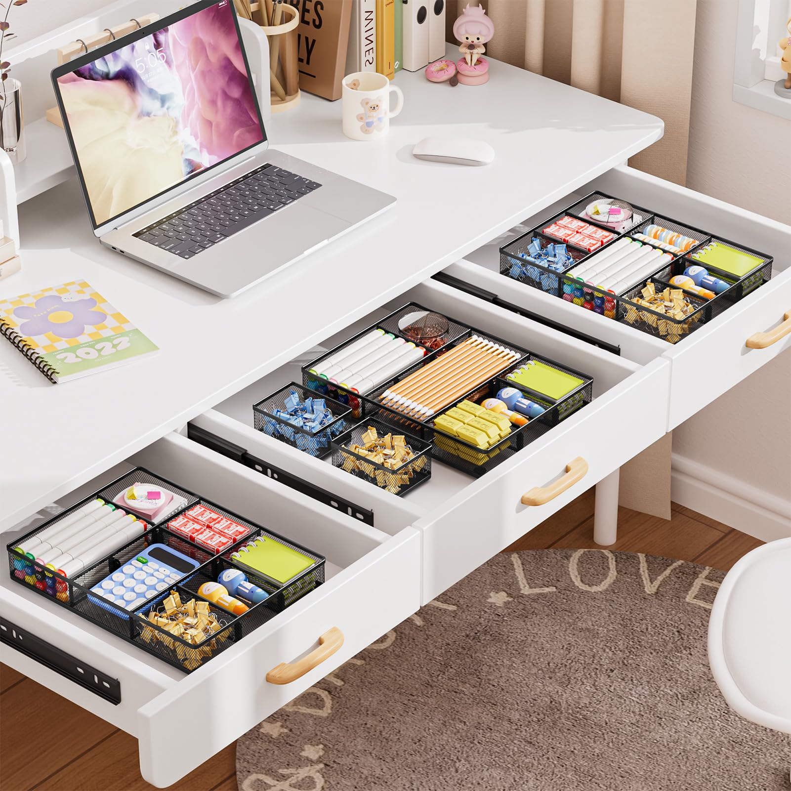 Marbrasse Confezione da 3 organizer per cassetti da scrivania, con 9 scomparti regolabili, cassetti spazzatura per trucco e toeletta, forniture per scrivania e accessori da ufficio (confezione da 2