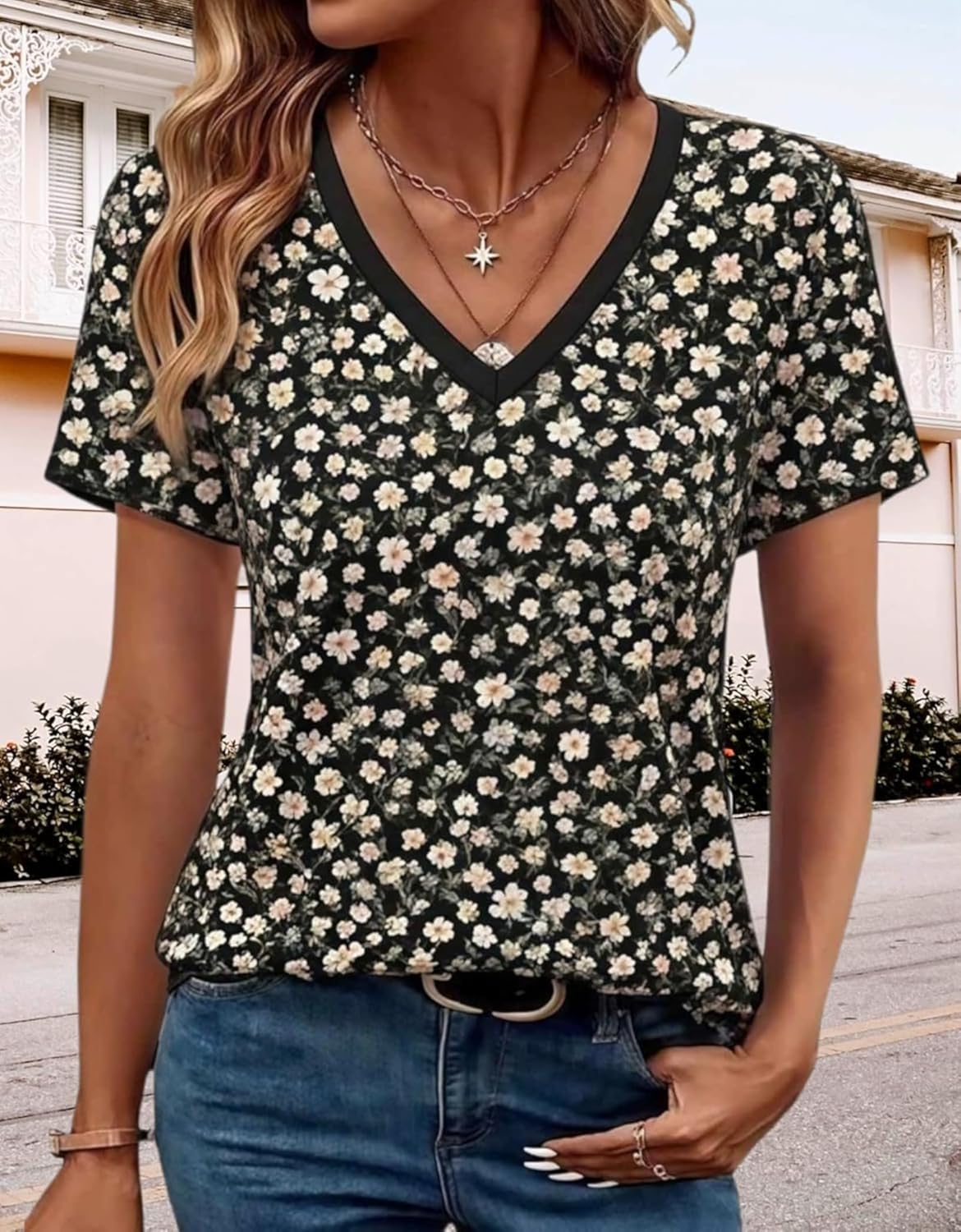 Womens Boho Wildflowers Graphic Tees Color Block/Solid Tops V Neck Short Sleeve Shirts Sandbeach Leisure Tshirt - Image 2