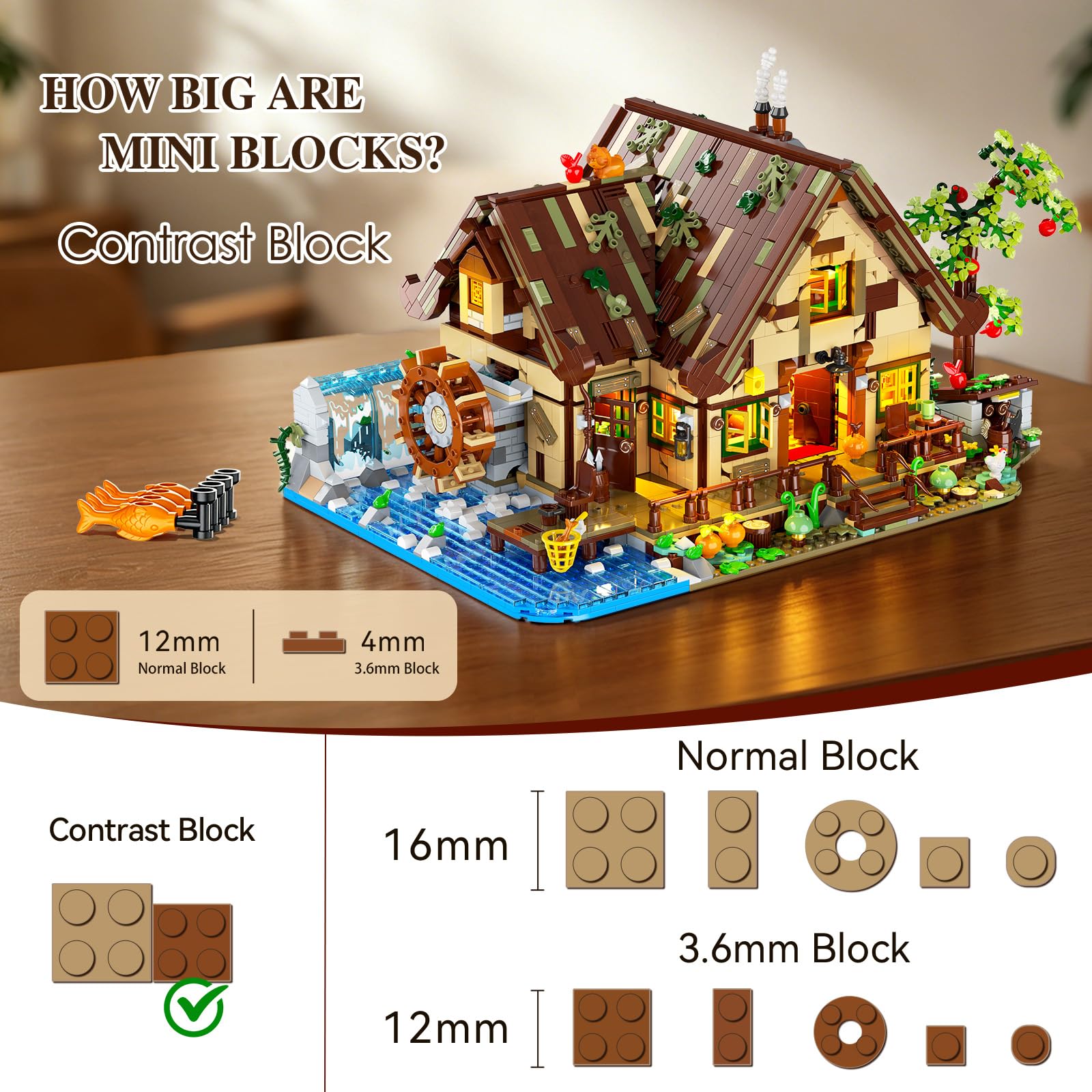 INSOON Jeu de Construction Maison en Bois avec lumières Adultes | Mini briques de construction, chalet forestier avec animaux, modèle décoratif pour maison et bureau, cadeau femmes hommes