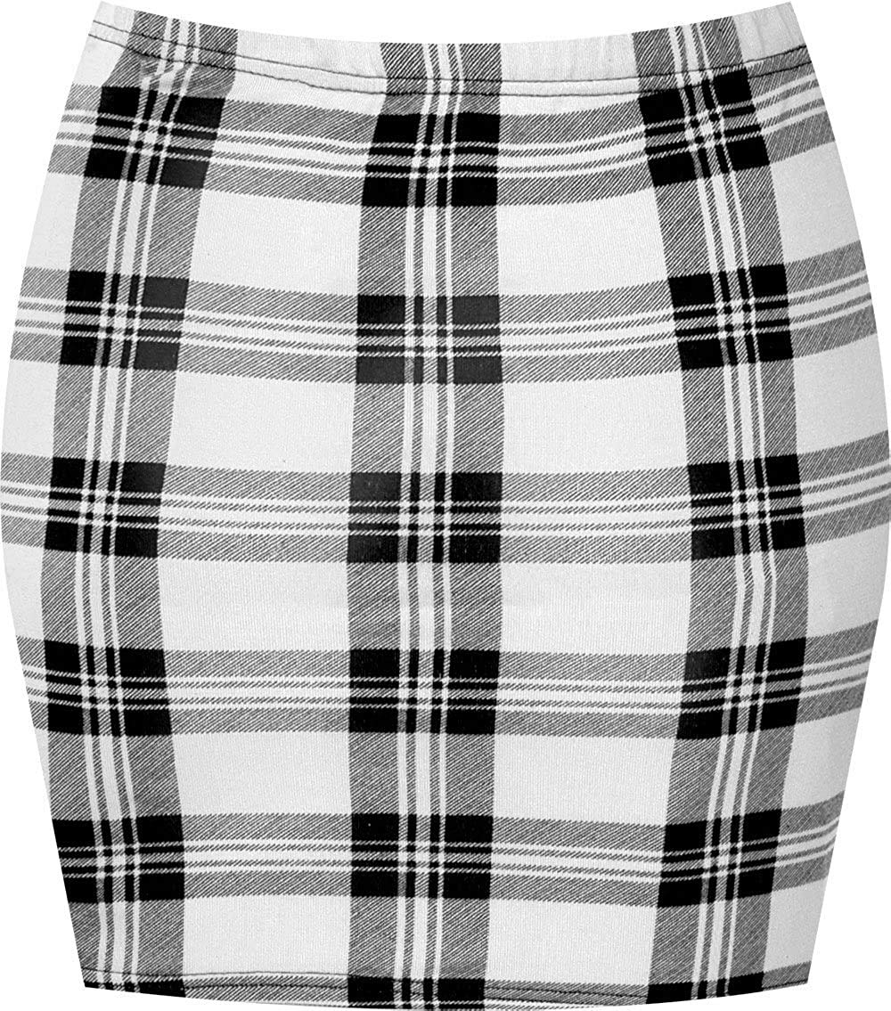 GirlzWalk Women’s Ladies Animal Print Leopard Brown Look Elasticated Waist Tube mini Skirt (White Tartan, XXL/UK 20-22)