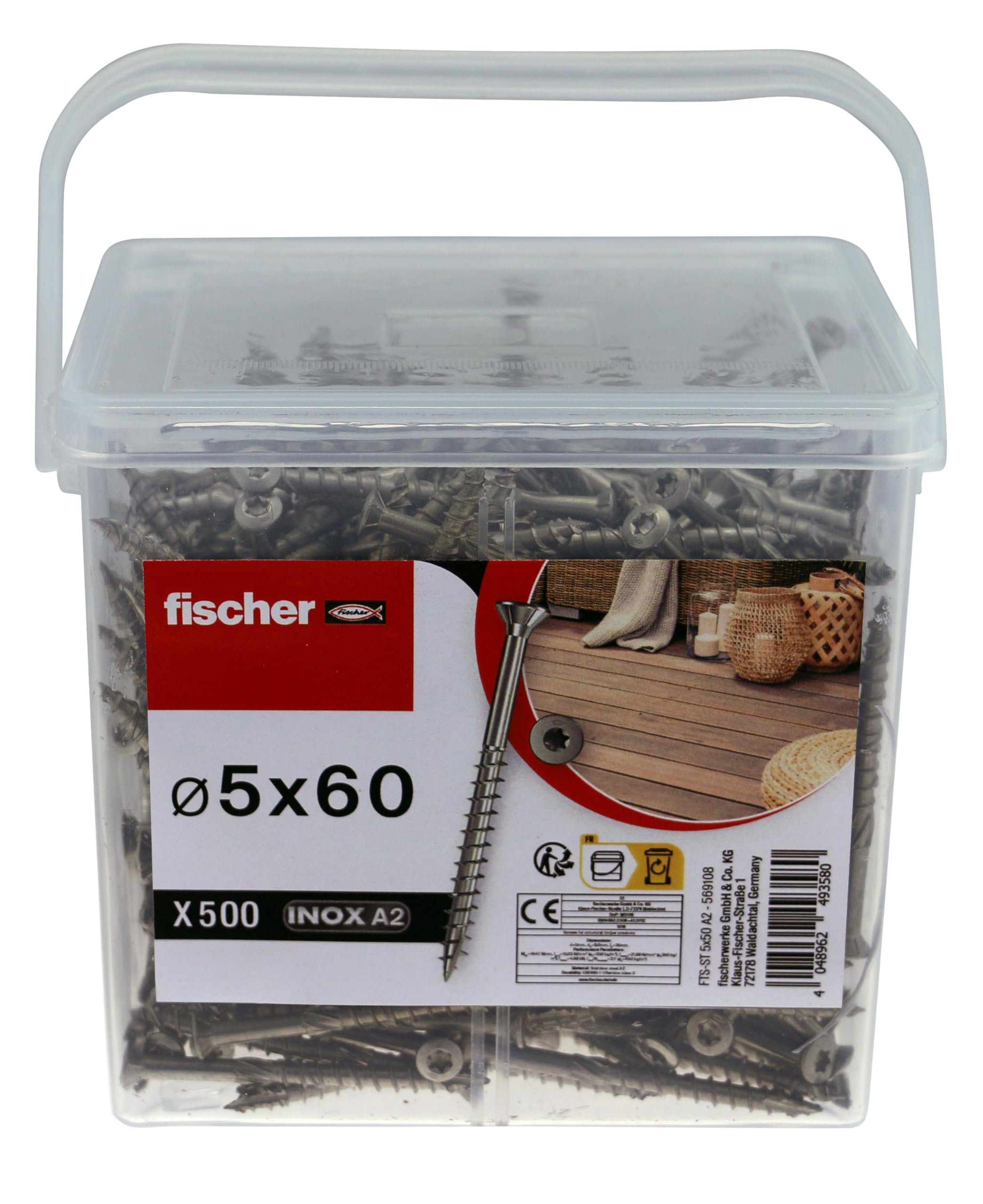 fischer - Seau de 500 vis terrasse 5 x 60 en INOX A2, Acier Inoxydable résistant à la Corrosion