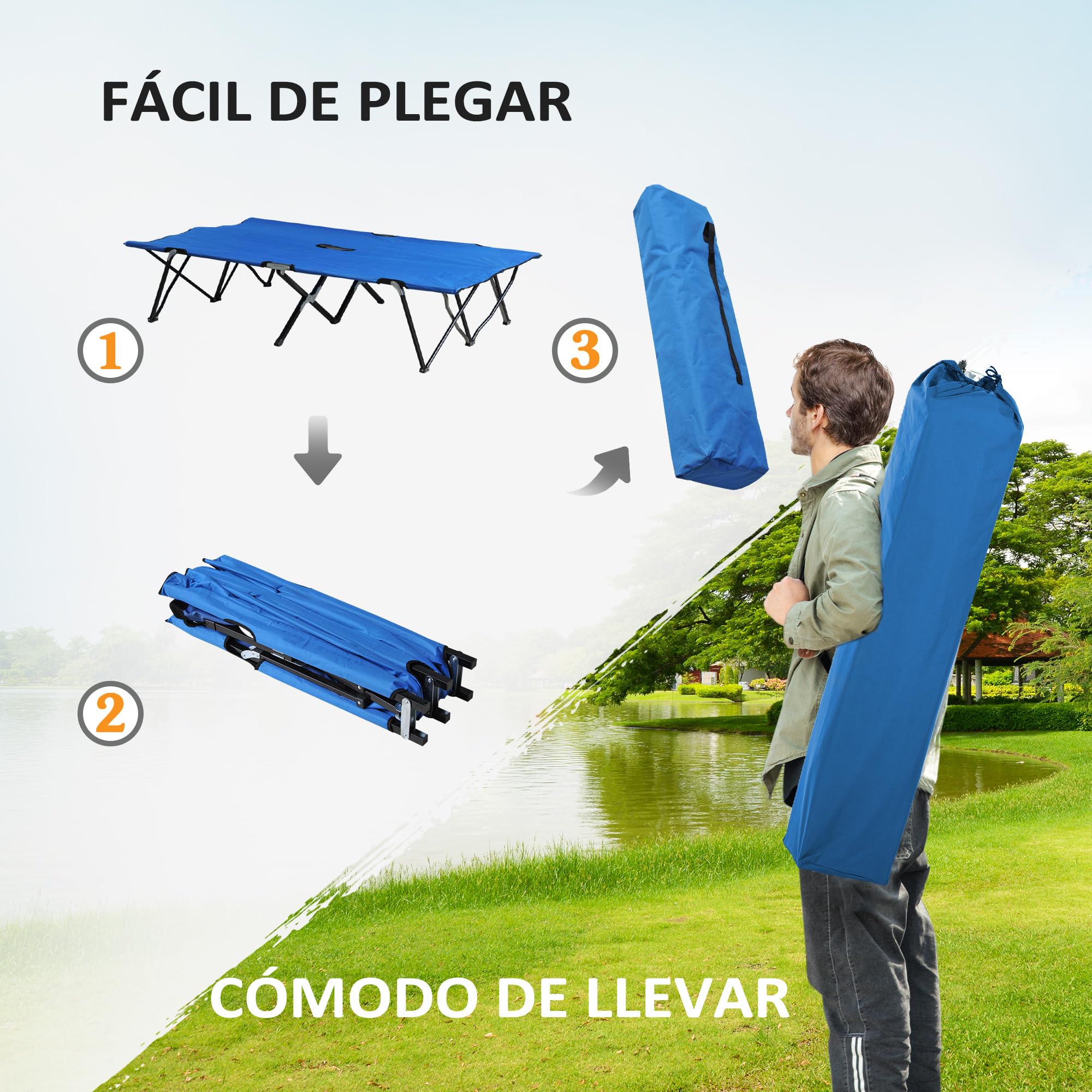 Outsunny Cama de Camping Plegable Cama de Acampada con Bolsa de Transporte y Marco Metálico Carga 136 kg para Playa Senderismo 193x125x40 cm Azul
