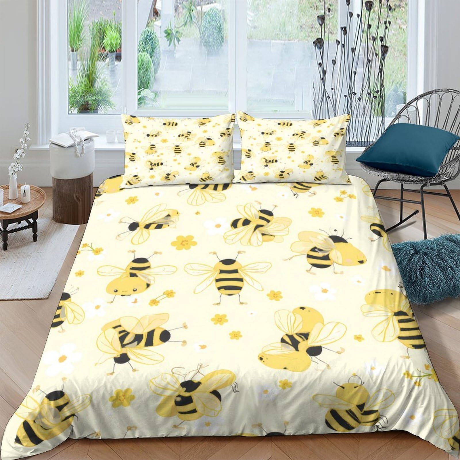 Ctjqhvkz Style-1 3D Printed Bee Pattern Fitted Sheet Microfiber Yellow Cartoon Honeycomb Mattress Cover For Bedroom Guest Room Decor Single（135X200cm）