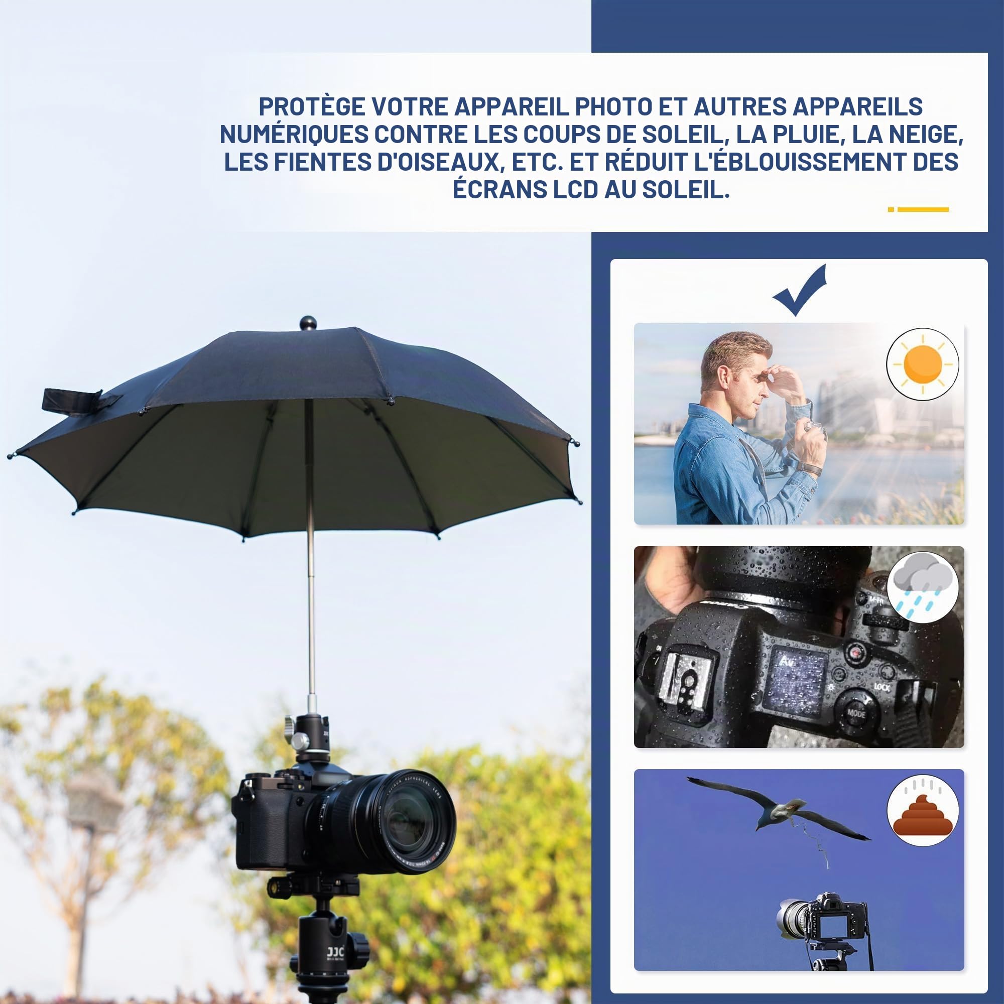Kiorafoto Parapluie pour appareil photo avec tête sphérique rotative à 360° et chaussure froide latérale, parapluie photographique portable résistant aux intempéries, protège le caméscope de la pluie,