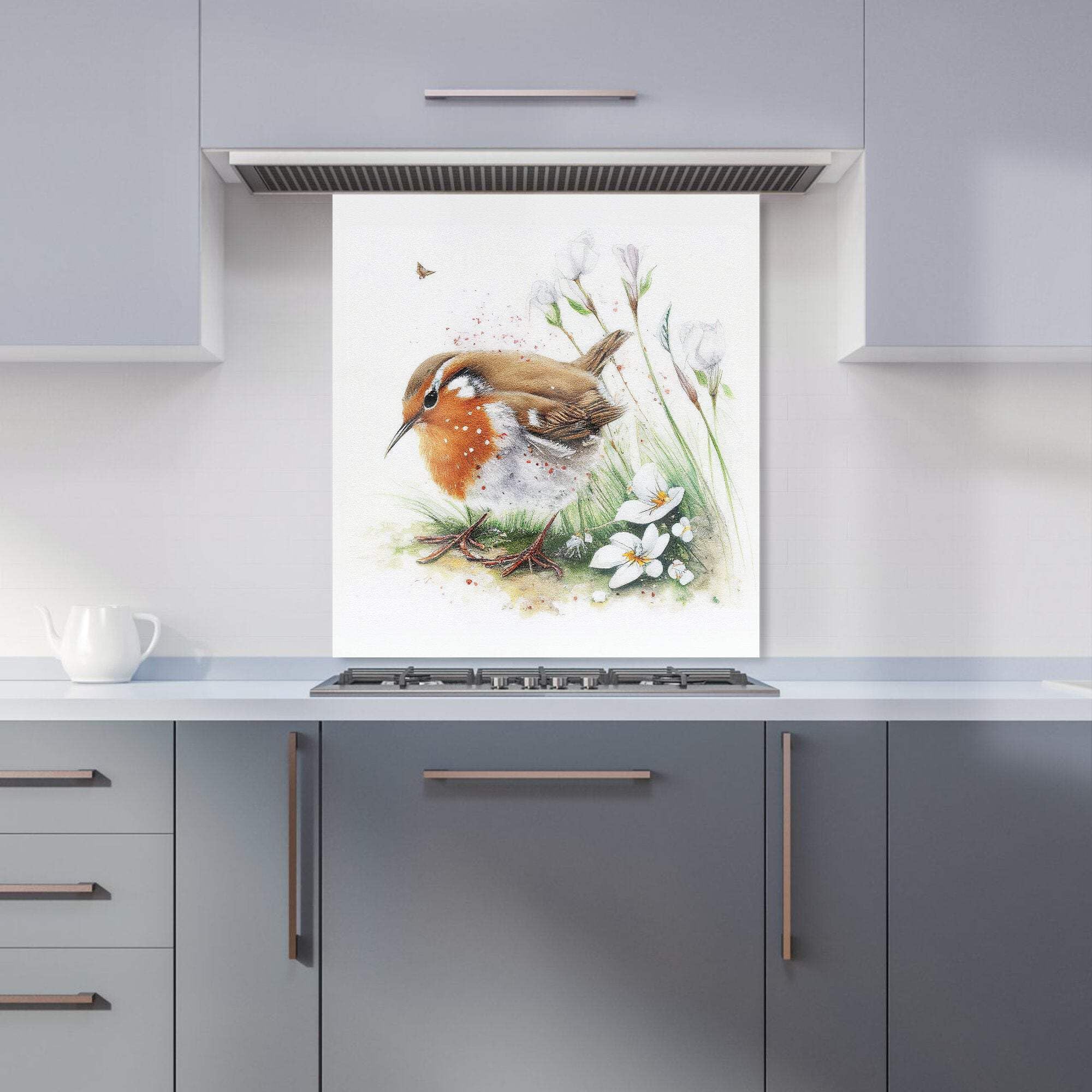 Warren Reed - Designer Premium Robin And Daisies Watercolour Kitchen Splashback 6Mm Toughened Glass Kitchen Splashback – Heat Resistant Splashback For Kitchens, Perfect For Cookers And Hobs, Polished Edges