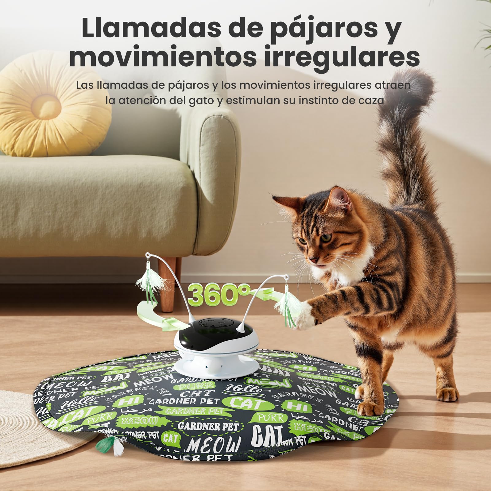 Gardner Pet Juguete para Gatos, 5 en 1 Eléctrico Interactivo Automático para Gatos, Juego de Escondite, Juguete con Plumas, Láser, Pelotas y Sonidos de Pájaros, Carga USB, Verde