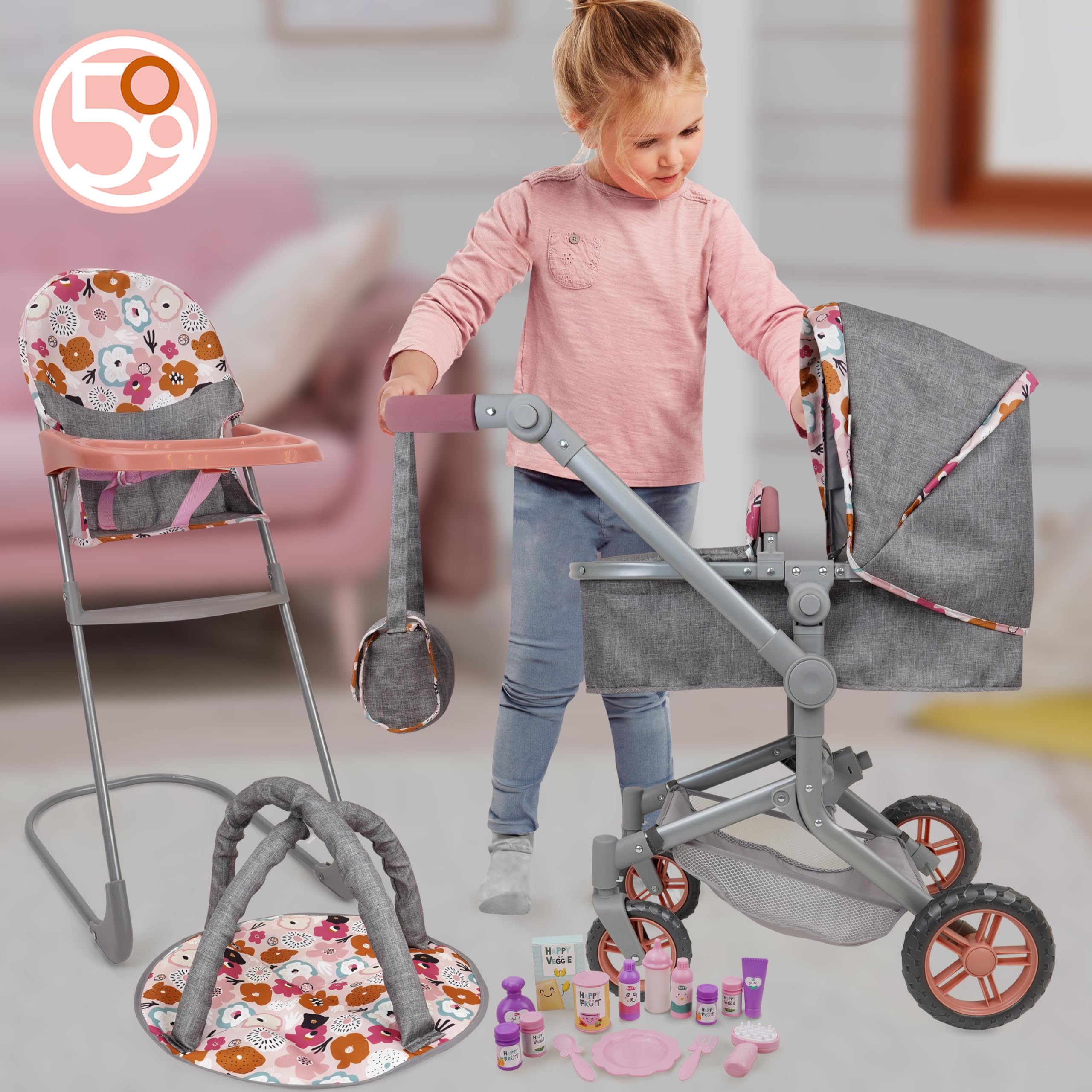509 Zestaw 19 szt. City Park Doll Pram n Play, Multi Play Doll Pram Stroller, High Chair, Activity Gym, Changing Bag, 15 sztuk, akcesoria do lalek 53 cm, dla dzieci w wieku 3+