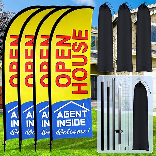 Miniatura 7 de Buryeah Paquete de 4 banderas de puertas abiertas para agentes inmobiliarios de 7 x 5.4 pies, letrero de bandera de plumas con asta de bandera,