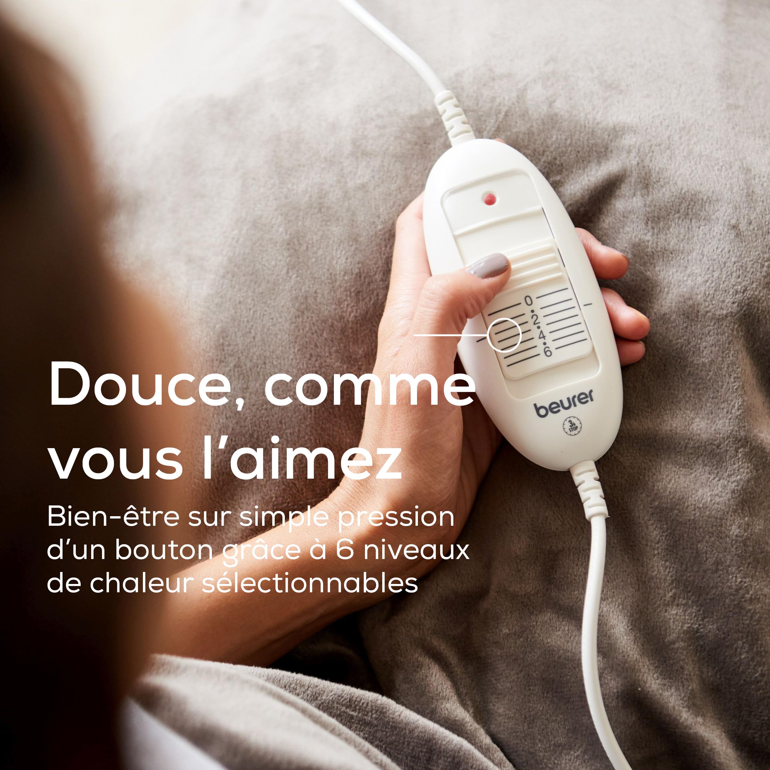 Beurer HD 75 Cozy Couverture chauffante, couverture électrique confortable en apparence de fourrure, 6 réglages de température, lavable en machine, avec arrêt automatique, taupe