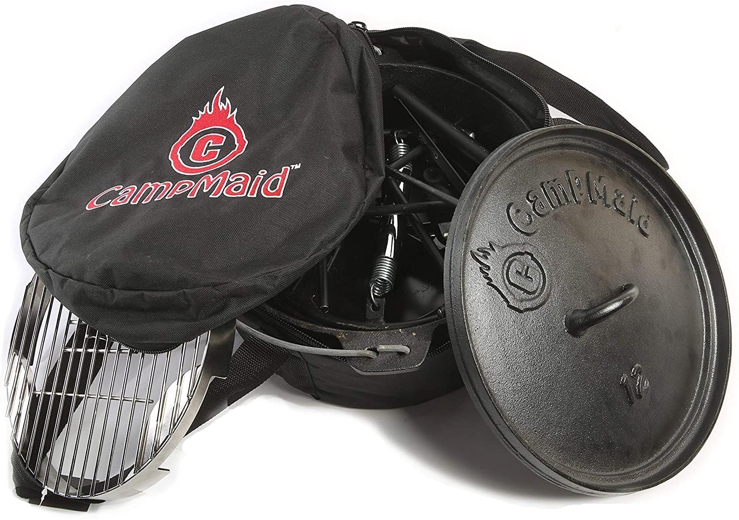 CampMaid Outdoor-Kochset - Dutch Oven und Tools Set - Kohlehalter & Gusseisen Grillzubehör - Camping Grillset - Outdoor Cooking Essentials - Campingküchenausrüstung - (6-teiliges Set)