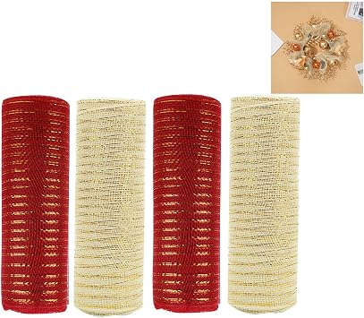 4 Rolls Christmas Deco Mesh Ribbon for Wreath Making Supplies | Red White Gold Metallic Foil Deco Mesh Fabric Rolls,Christmas Tree New Year Winter Door Wreath Swag Decor,10Inch x 30Ft/roll