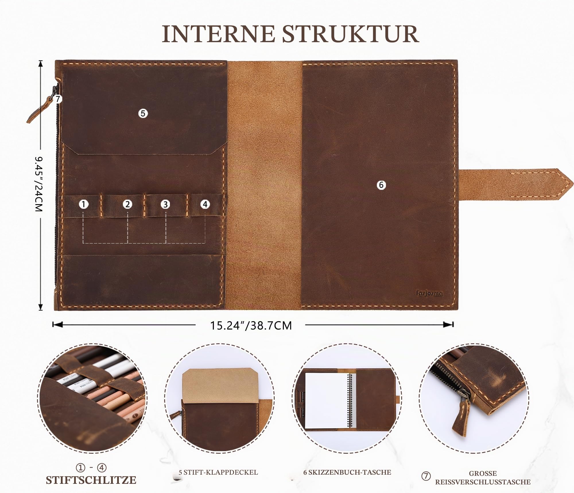 Skizzenbuch-Einband aus Leder für A5/14 x 21,6 cm Skizzenblöcke, handgefertigtes Künstleretui aus echtem Leder, mit Stifthalter und Reißverschlusstasche, professionelles Zeichenzubehör (Braun