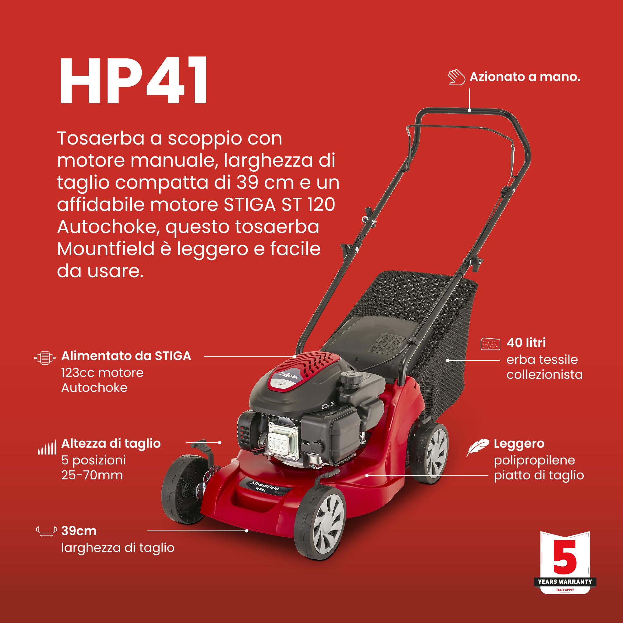 MOUNTFIELD HP41 - Rasaerba a scoppio azionato a mano da 123 cc, larghezza di taglio di 39 cm, raccoglitore dell'erba da 40 litri