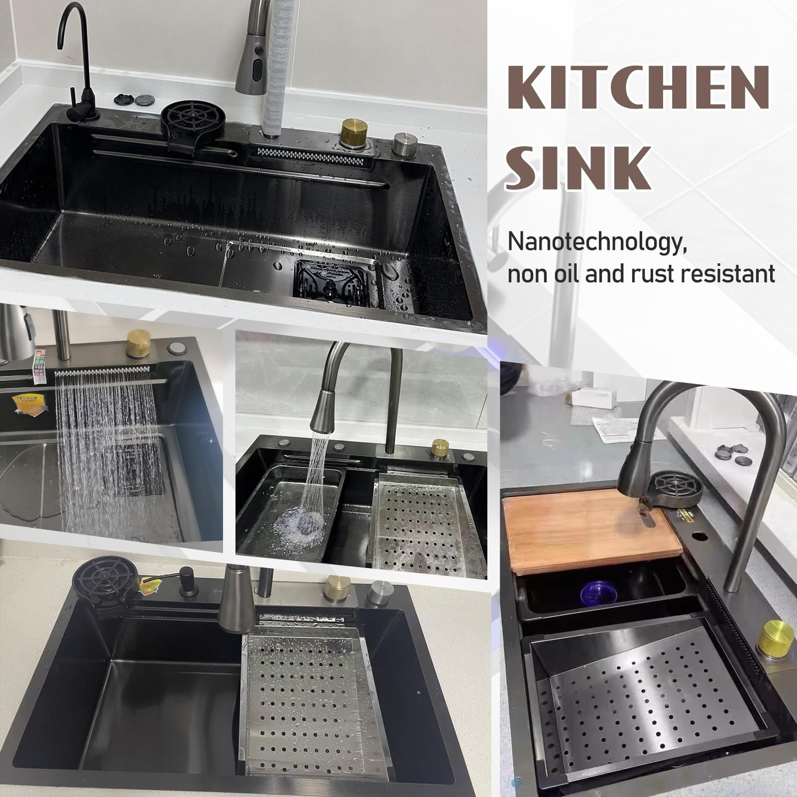 Fregadero De Cocina De Acero Inoxidable De Montaje Superior De Color Gris Negro, Estación De Trabajo Con Barra En Cascada De Gran Capacidad, Salida De Drenaje Derecha, Tazón Único Nano Para El Hogar,