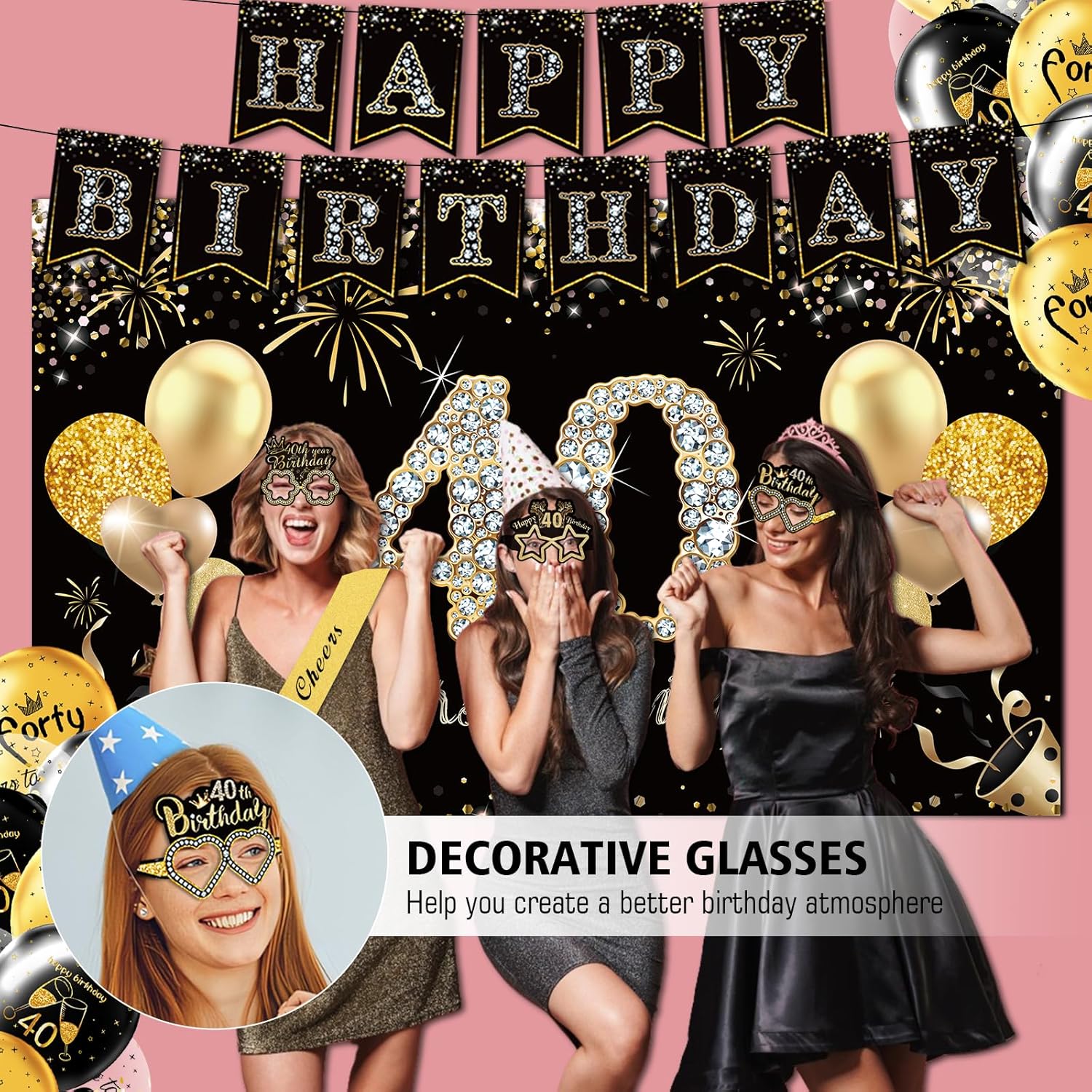 Condition photo showing New/Like New for 40th birthday decorations,39pcs-40th birthday decorations for men & women,black gold 40th birthday eyeglasses decorations banner balloons backdrop hanging swirls paper fans ,1985 banner party supplies