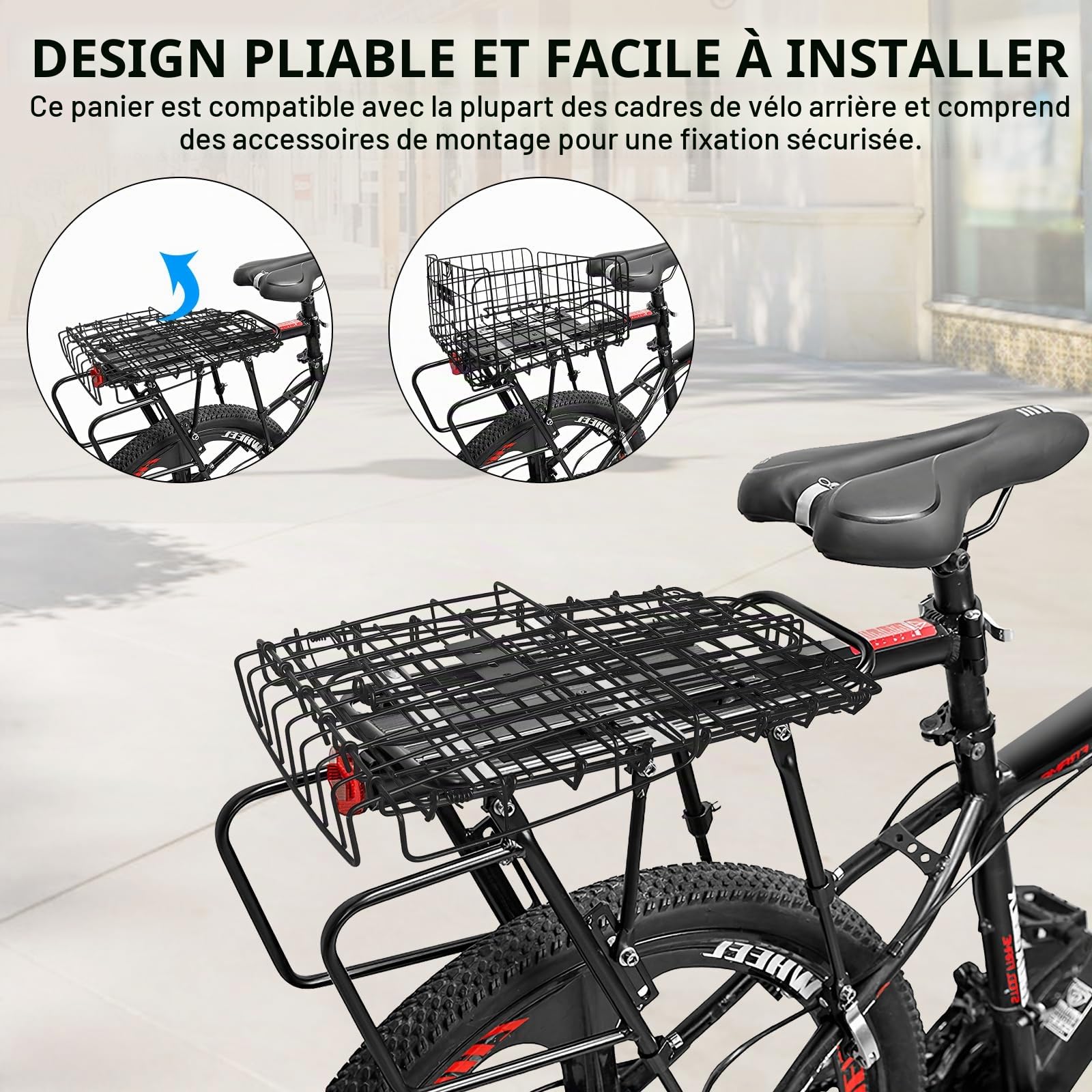 RAYMACE Panier arrière de vélo avec doublure amovible, housse imperméable et filet de transport, panier de vélo pliable pour adulte, design à dégagement rapide, s'adapte à la plupart des porte-bagages