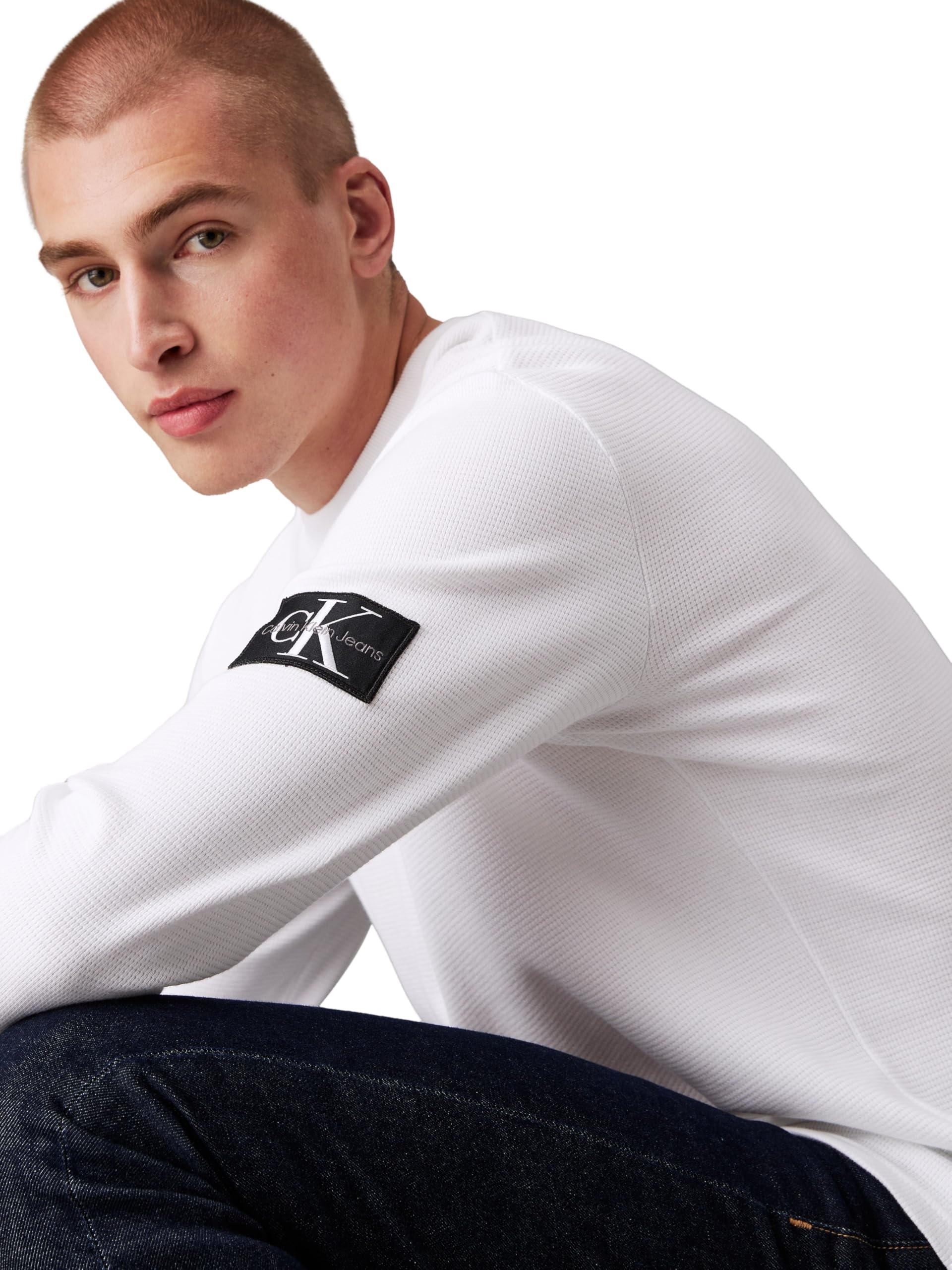 Calvin Klein Badge Waffle Ls Tee J30J323485, Top in Maglia a Maniche Lunghe, Uomo, Bianco (Bright White), L