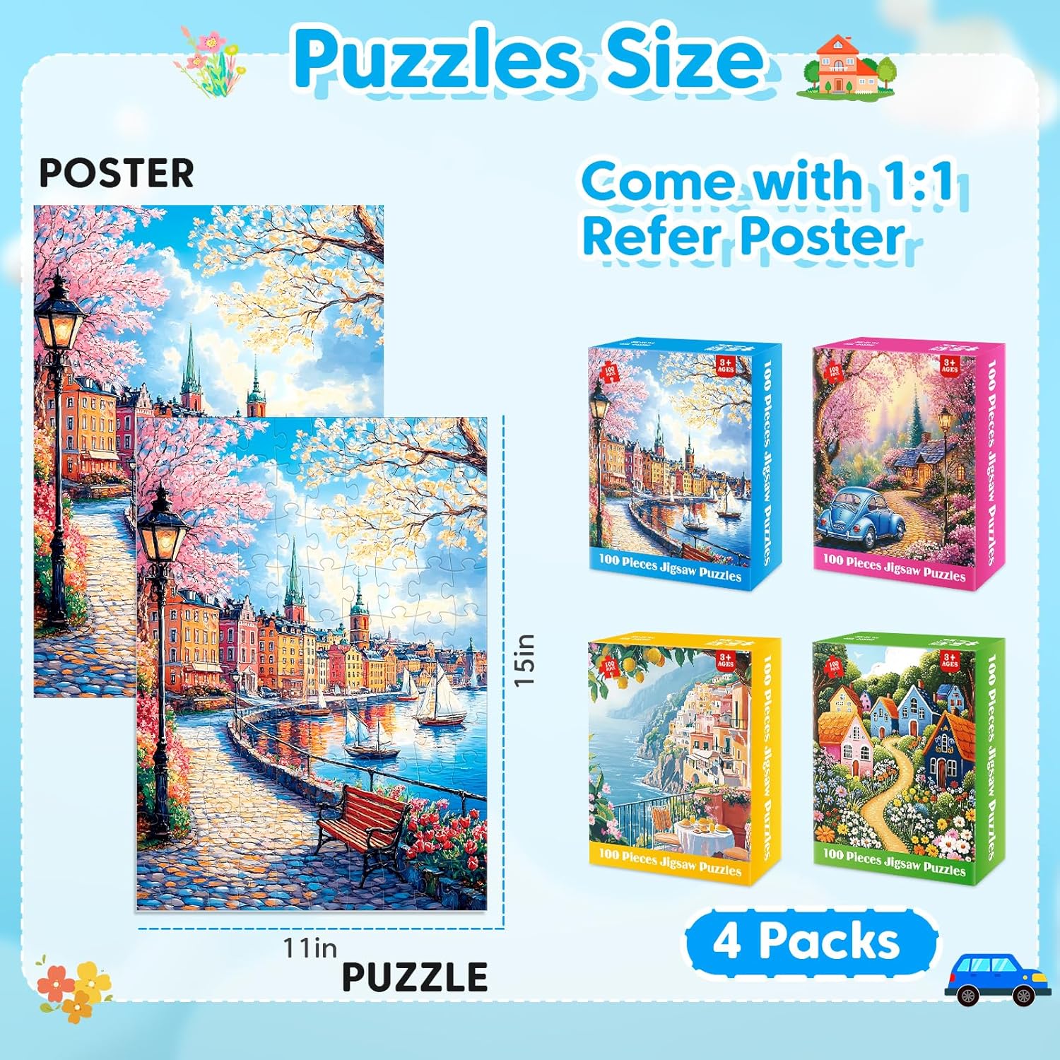 4-Pack 100 Piece Puzzle for Seniors Family Puzzles for Kids and Adults - City & Country View - Large Piece Puzzles for Kids Ages 4-6 6-8 8-10 Learning Educational Toys for Boys and Girls