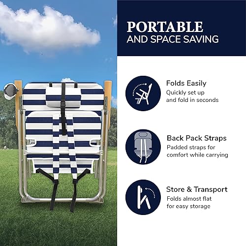 Miniatura 4 de Caribbean Joe Silla de playa plegable, mochila portátil de 4 posiciones, silla de camping plegable con reposacabezas, portavasos y reposabrazos de