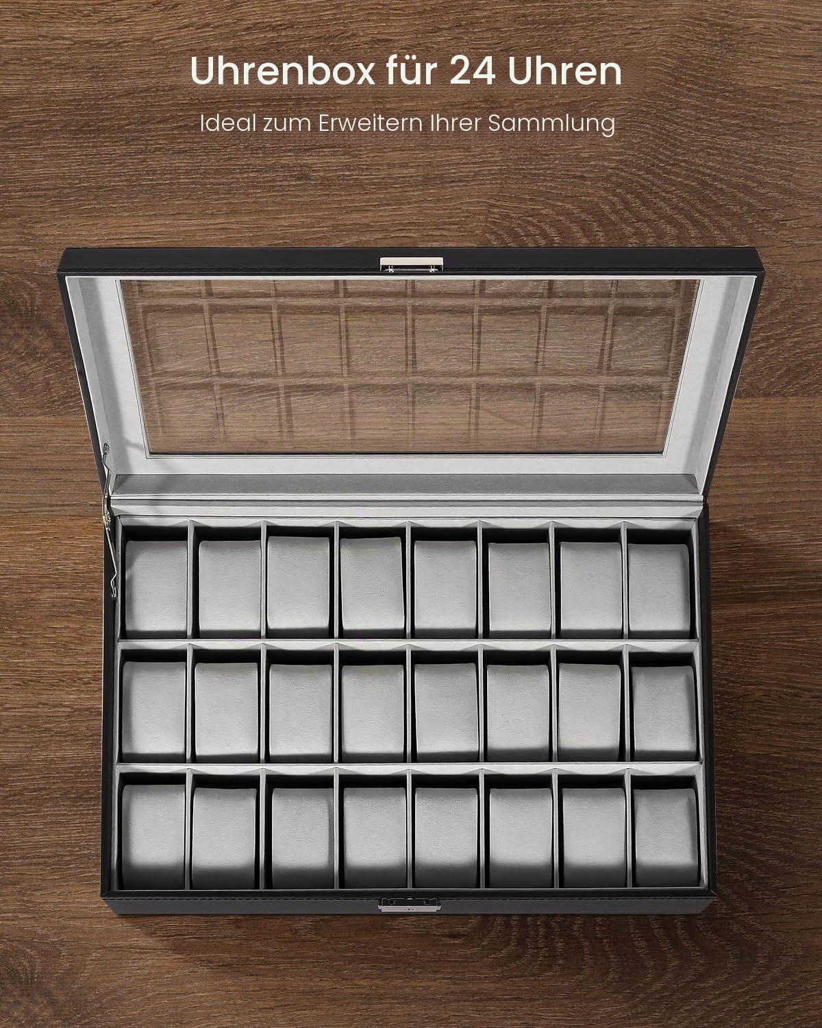 Mbuynow Uhrenbox 24 Uhren Uhrenkoffer Herren Uhrenbox Damen Uhrenkasten Herren Uhrenvitrine abschließbar für 24 Uhren aus kunstleather
