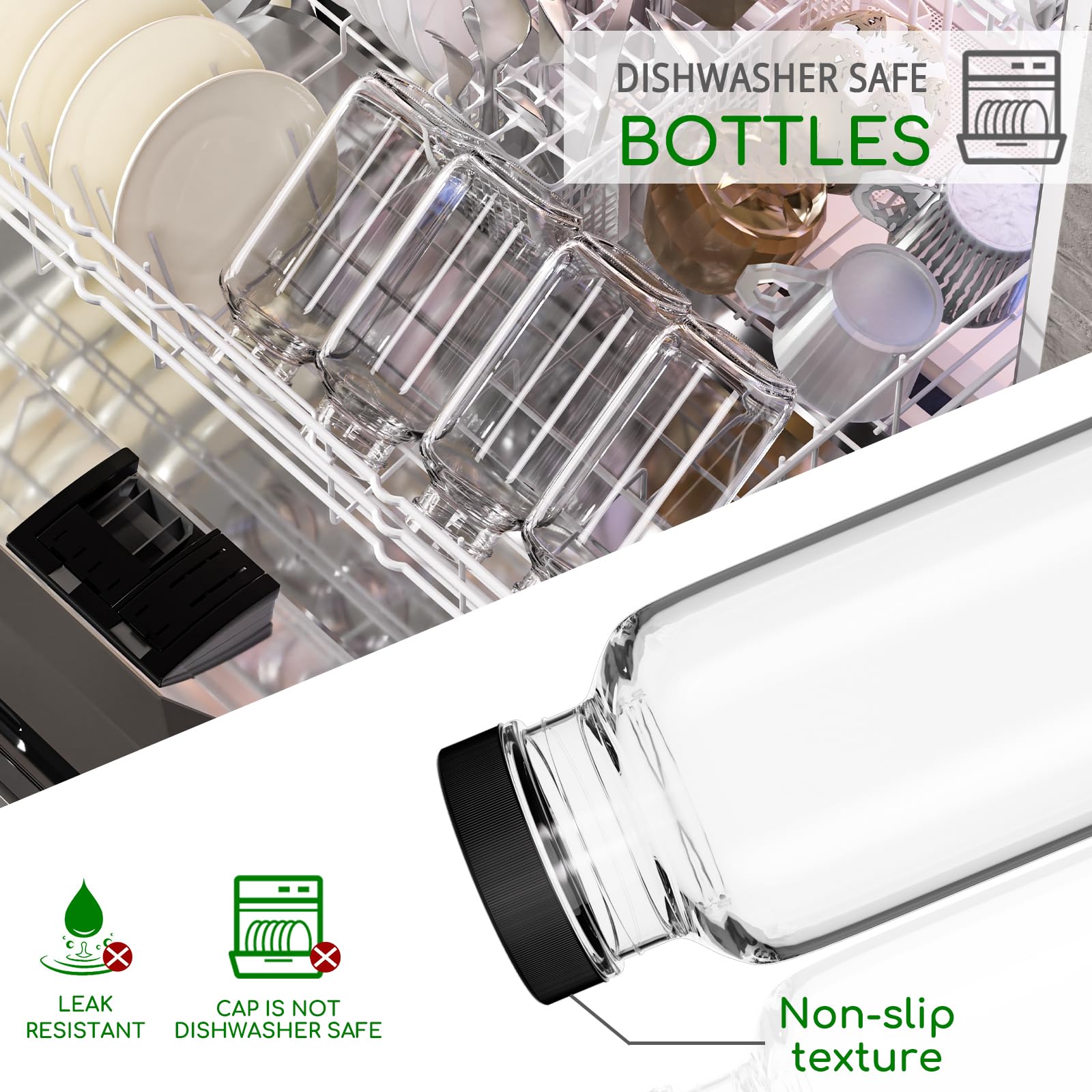 Paquete de 3 botellas de agua cuadradas de vidrio de 16 onzas, capacidad de 480 ml, sin BPA, herméticas, reutilizables, ideal para café helado, jugo, leche, batidos, té, kombucha