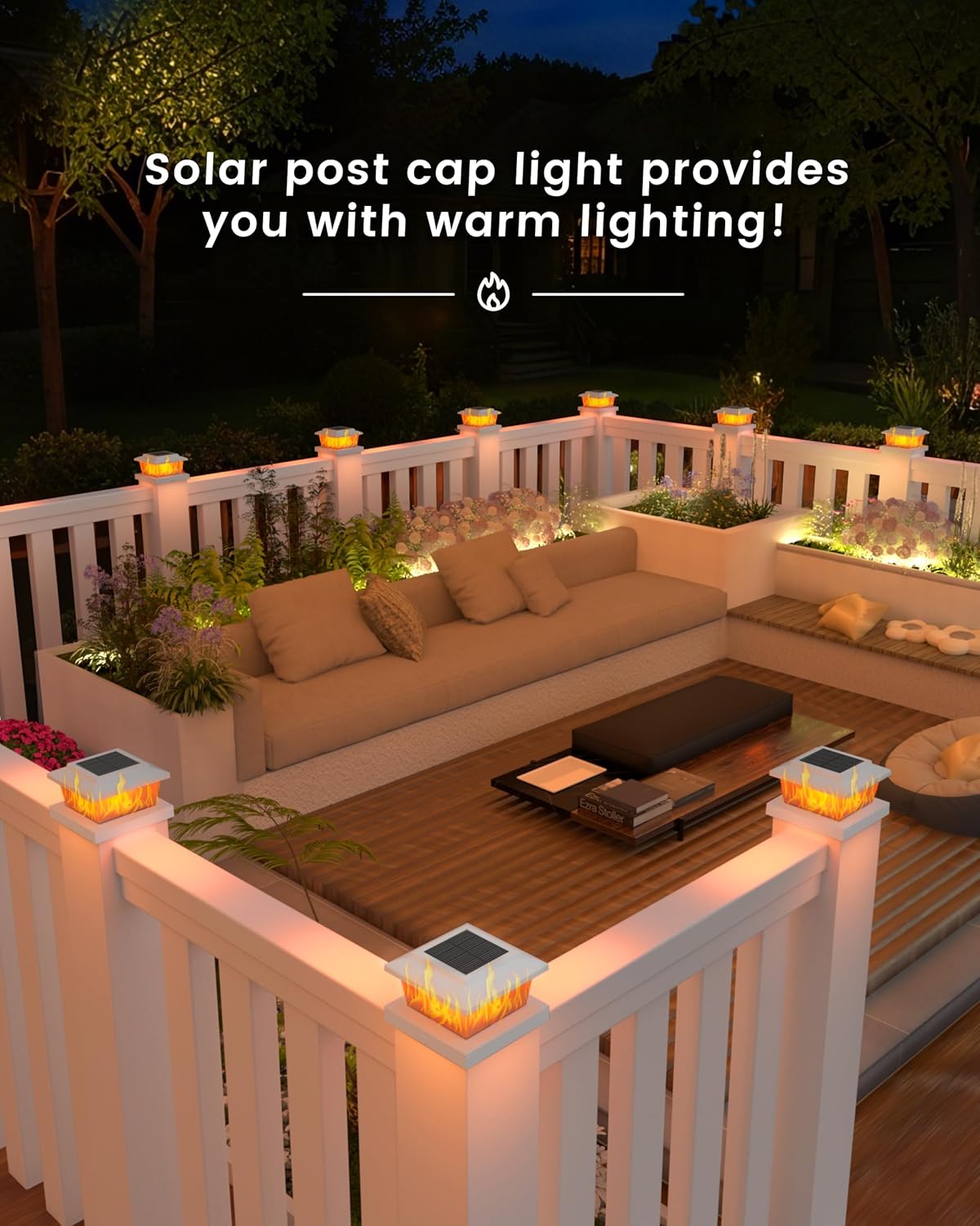 VOLISUN Solar Fence Post Lights 12pack, White Solar Deck Post Cap Flame Light Outdoor Waterproof, High Brightness Flickering Flame SMD LED Lighting, for 4x4 Wooden/4x4 5x5 Vinyl Post