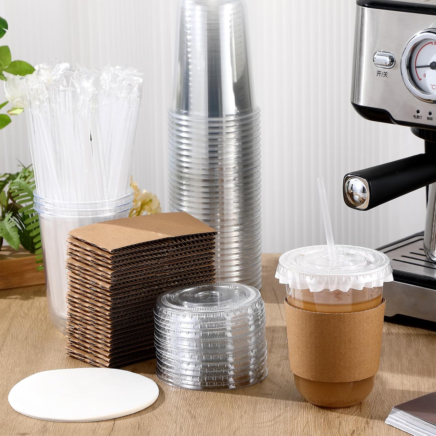 Baderke 50 Sets Clear Plastic Coffee Cups with Leak-proof Paper, Cup Sleeves, Lids, and Straws, Disposable PET Cups for Iced Coffee, Cold Drinks, Juice, Smoothie, Milkshake, Cafes, Party(16 oz) - Image 2