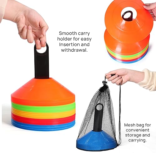 Miniatura 5 de brooman Paquete de 50 conos de disco de fútbol con bolsa de transporte y soporte para niños, marcadores de campo de fútbol y baloncesto