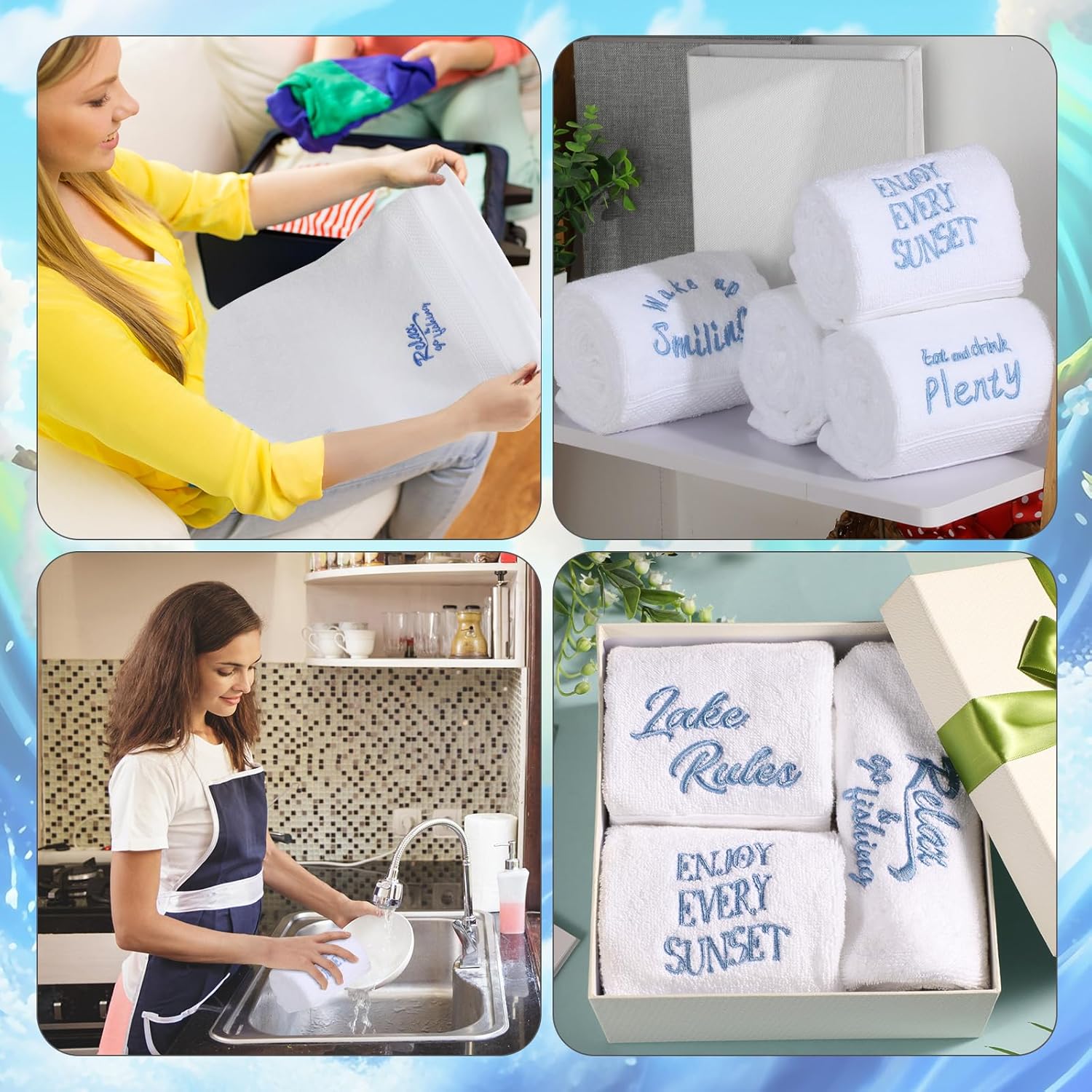SmoothNovelty Lake House Decor Kitchen Towels Set of 6, Lake House Gifts Nautical Decorative Hand Towels 29.5 x 14 Inch, Housewarming Gifts New Home for Bathroom Decoration(White)