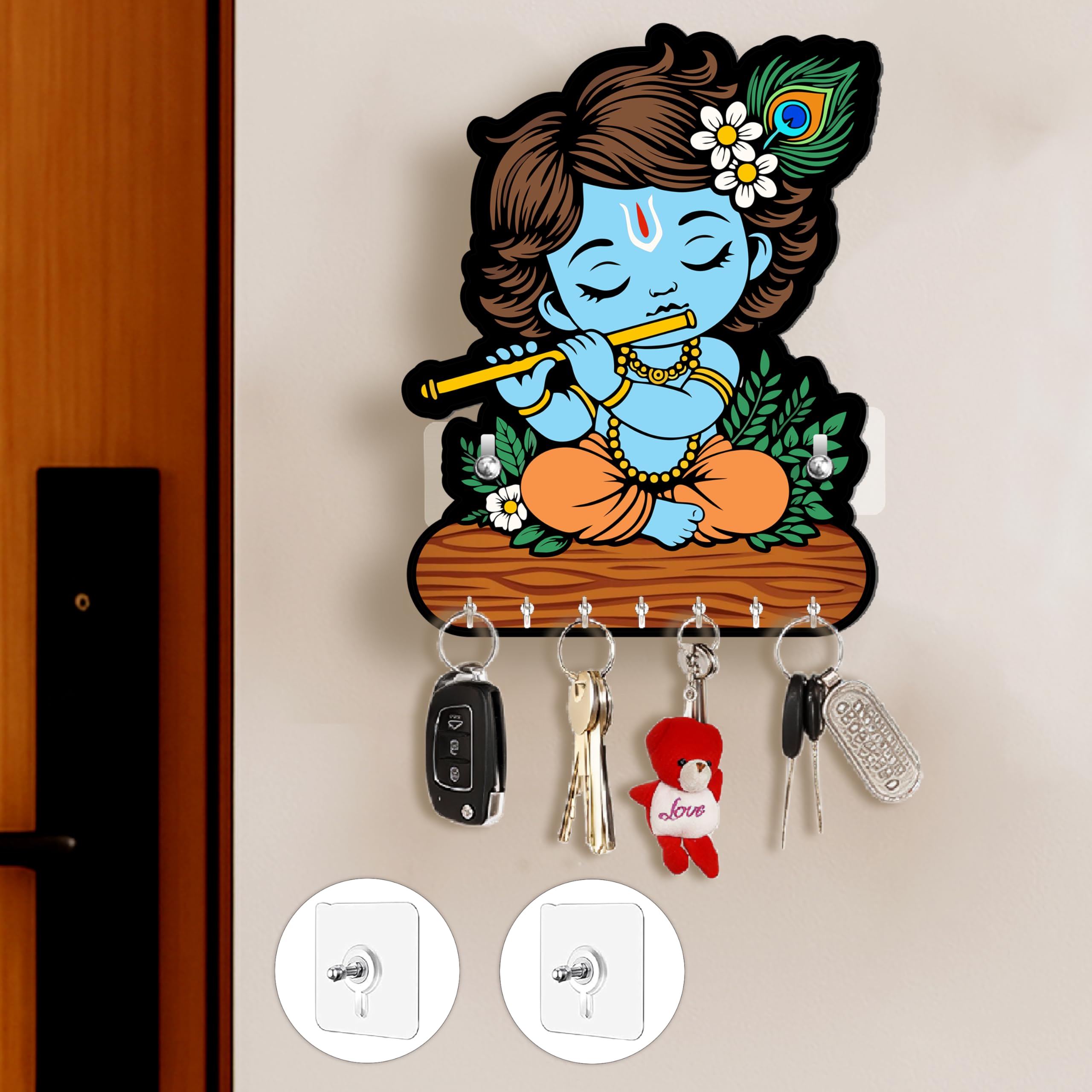 Baby Krishna Key Holder for Home Without Drill for Home Decor Stylish, Brown Wooden, No-Drill Decorative Design, Modern Style,cm, 8 Hooks for Home Office Key Hanger-image-0