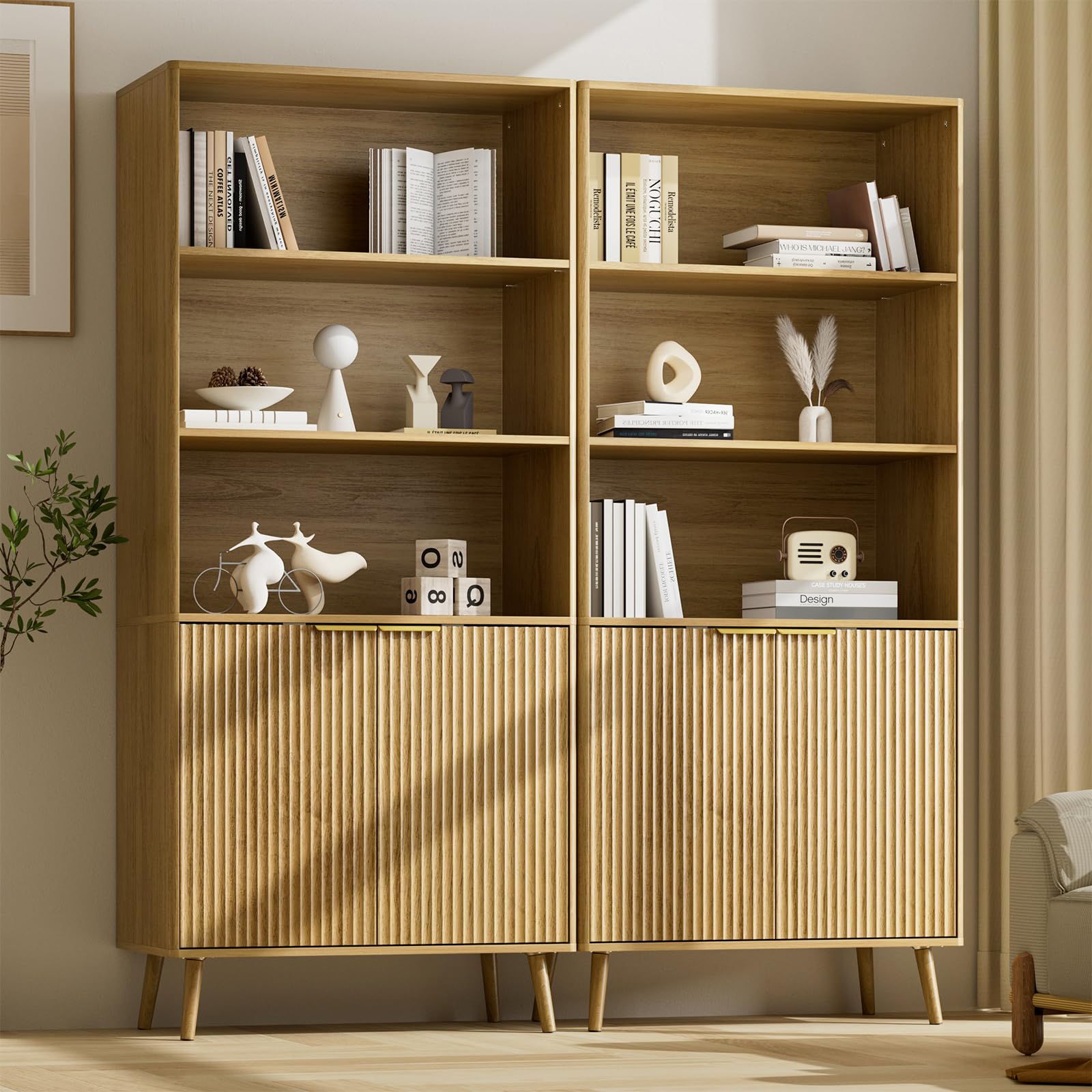 LYNSOM Oak Bookshelf, 70.9" Tall Book Shelf, 5-Tier Bookcase with Fluted Doors and Adjustable Shelves, Wooden Storage Cabinet for Living Room, Office