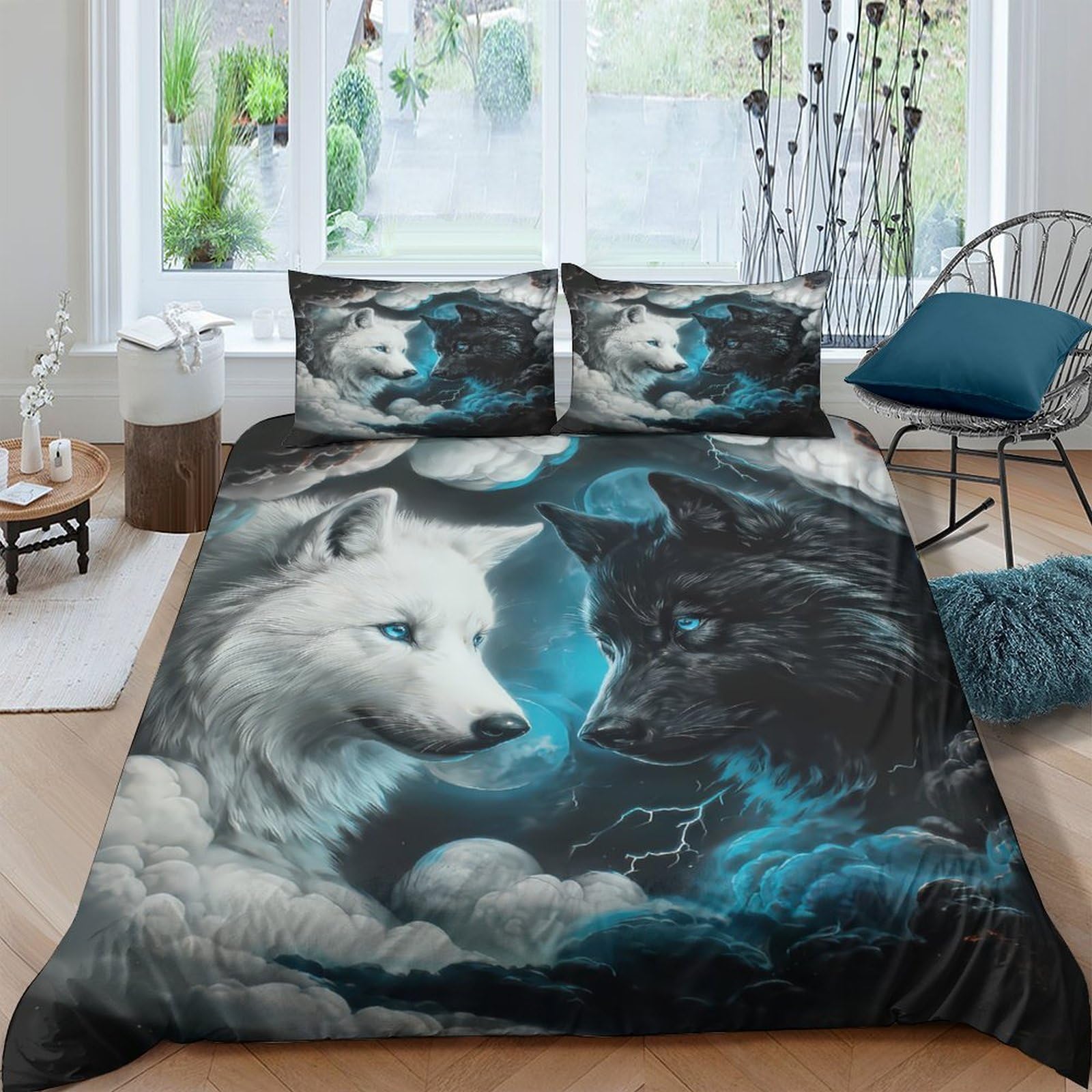 GPLZQXKJNH 3D Printed Wolf Moon Duvet Cover Set Microfiber Soft Breathable Night Forest Bedding Set with 2 Pillowcases for Bedroom Decor Single（135x200cm）