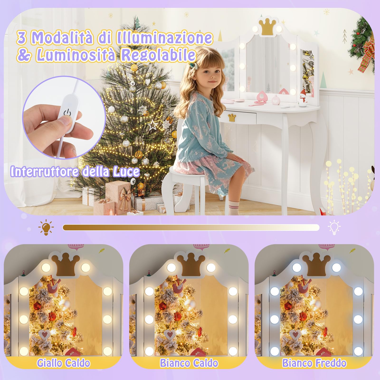 COSTWAY Set Toeletta Trucco per Bambina con Sgabello, Tavolo Trucco Triplo Specchio Staccabile con Luci LED a 3 Colori, Postazione Trucco con Cassetto e Accessori, per Bambine 3-7 Anni (Bianco)
