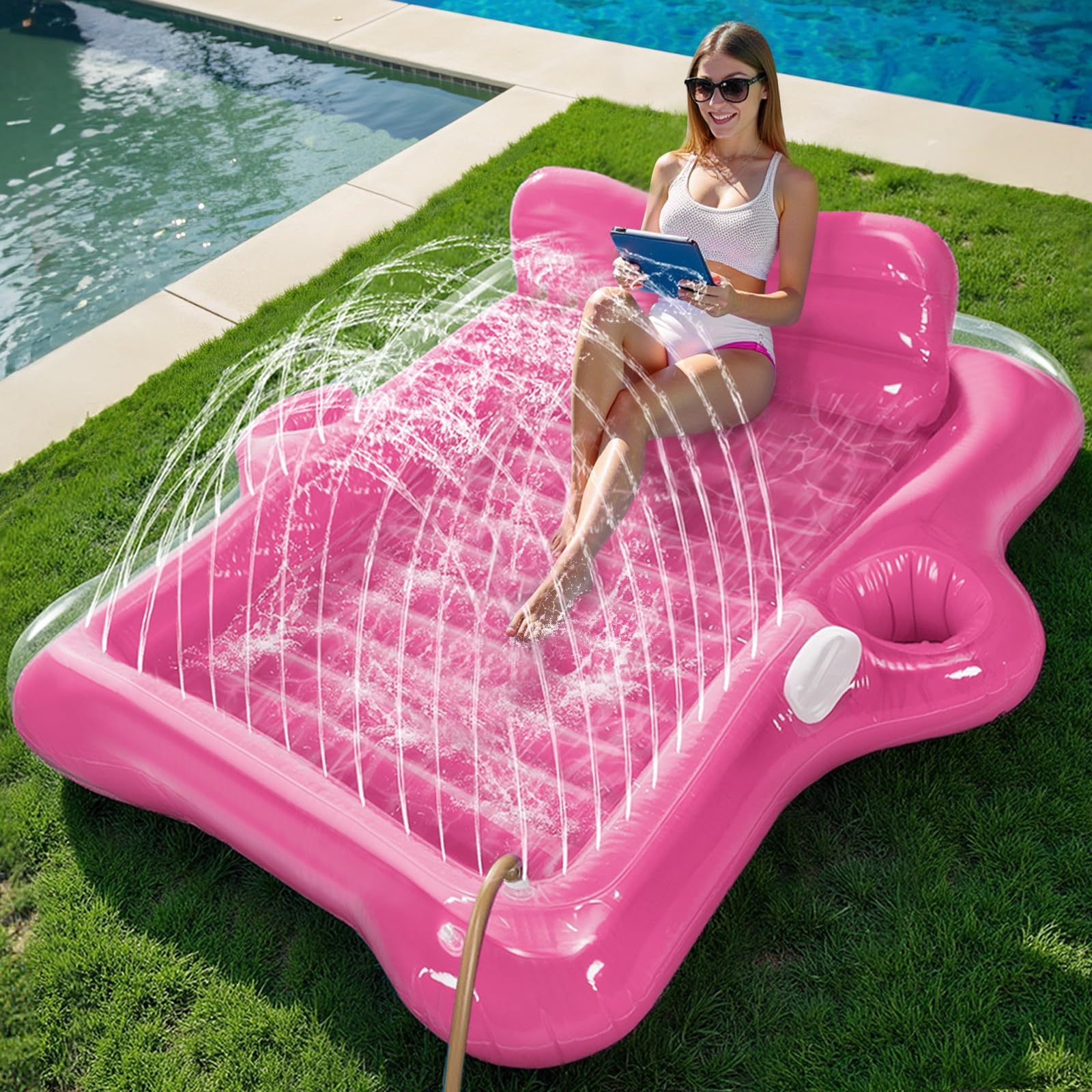 Snowalva Inflatable Tanning Pool Lounger Float, 80" x 66"Pool Floats Adult with Automatic Spray Cooling, 5 in 1 Suntan Tub Raft Floatie, Sunbathing Bed Lounge for Pool Party Yard Tanning Summer Gift