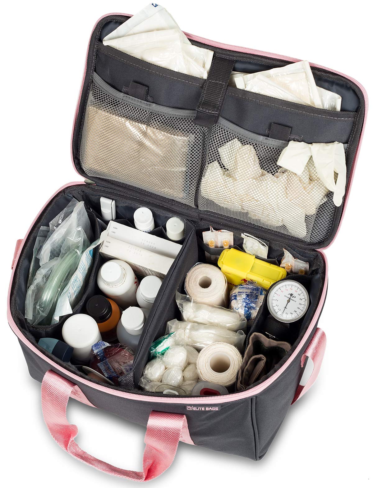 Elite Bags, Sac de premiers secours professionnel, MULTY'S, Sac multifonctionnel, Léger, Grande capacité, Séparateurs et plusieurs compartiments intérieurs, Facilement lavable, Gris et Rose