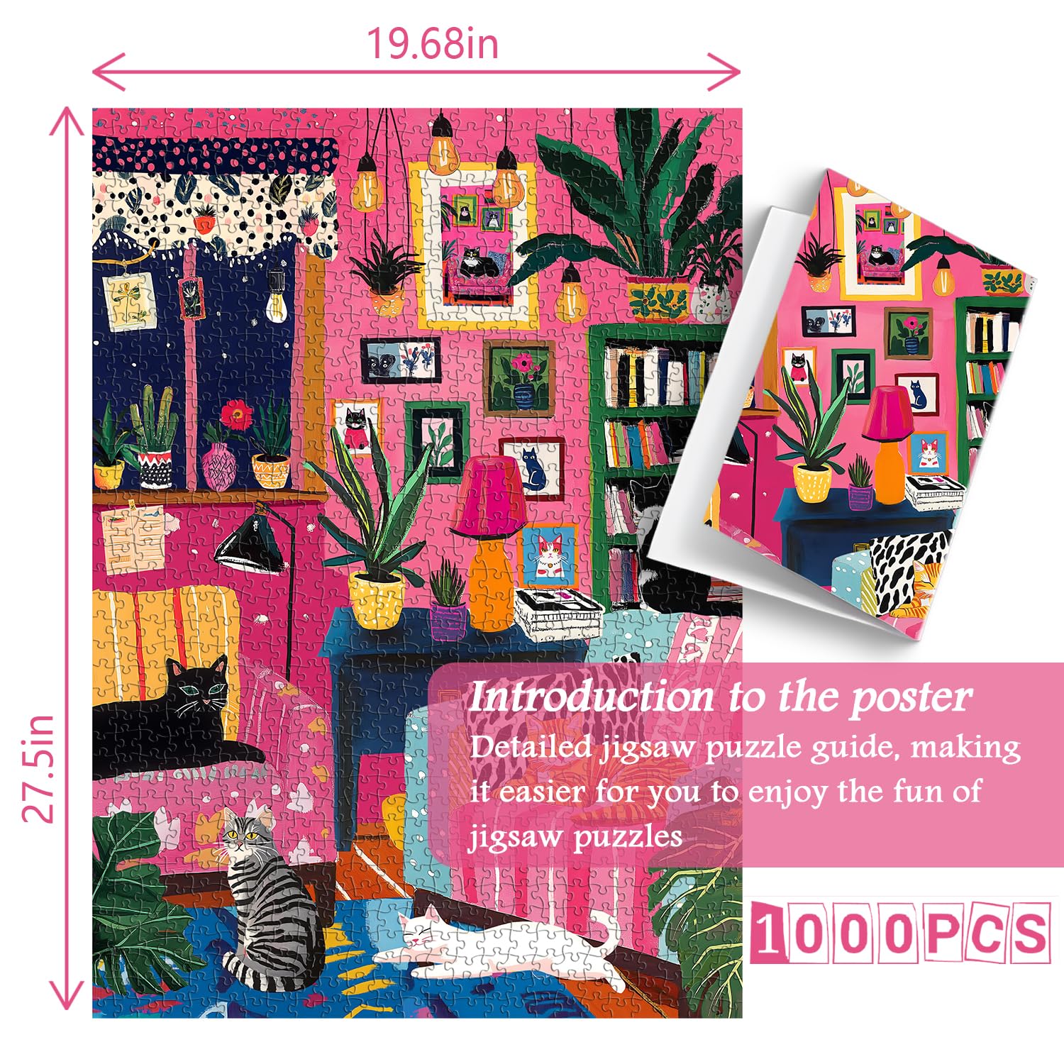 PICKFORU 1000 Teile Katzen Puzzle Für Erwachsene – Buntes Blumen- Und Kätzchen-Motiv, 60x60 Cm, Perfekt Als Deko