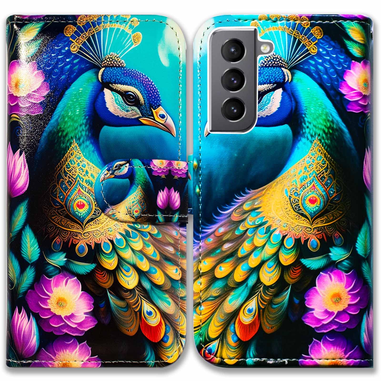 Bcov Case for Galaxy S21 5G,Colorful Peacock Mandala Flowers Leather Flip Phone Case Wallet Cover with Card Slot Holder Kickstand for Samsung Galaxy