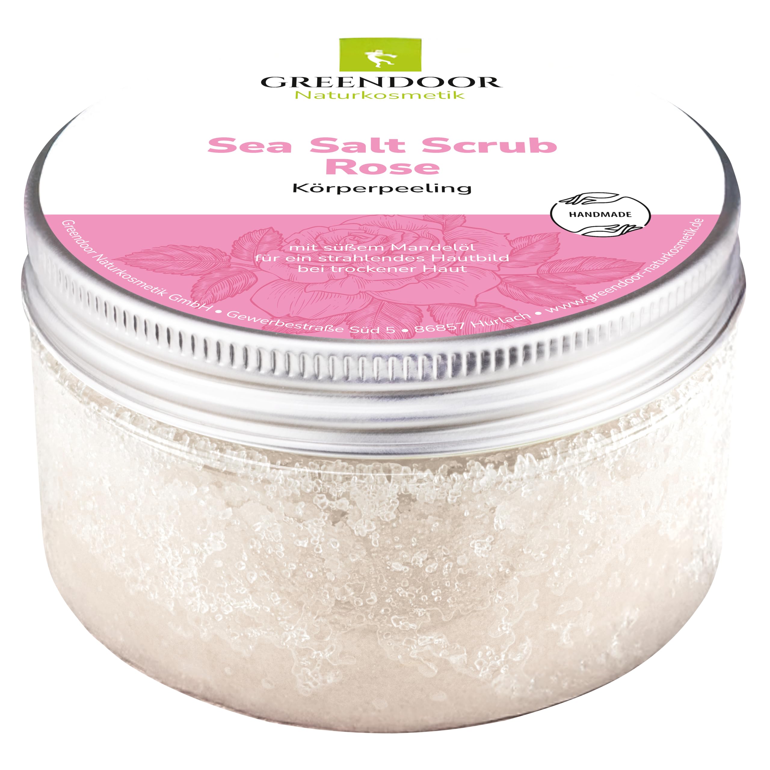 GREENDOOR Körperpeeling Meersalz Rose, natürliches Peeling ohne Mikroplastik für Damen, 280g Duschpeeling ohne Konservierungsmittel, mit straffendem Mandelöl, Body Scrub, Naturkosmetik Sauna-Salz