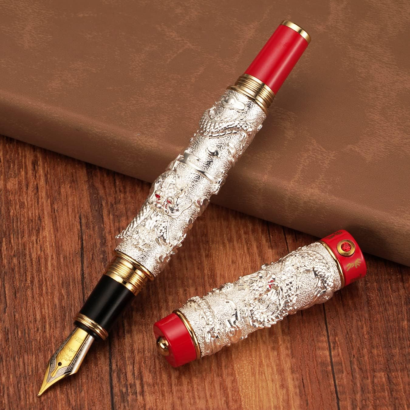 Silver Jinhao Vintage Luxury Dragon Fountain Pen Playing Pearl, Fine Nib 0.5mm Red Ring Metal Carving Embossed Heavy Pen