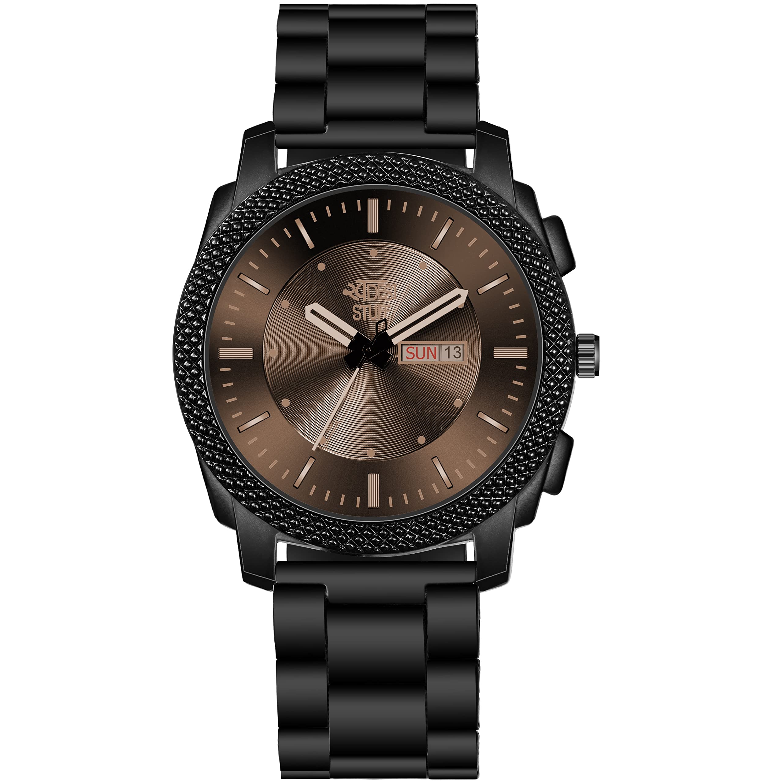 SWADESI STUFFBrown Dial Day and Date Stylish Black Color Stainless Steel Strap Luxury Analog Watch for Men, Black