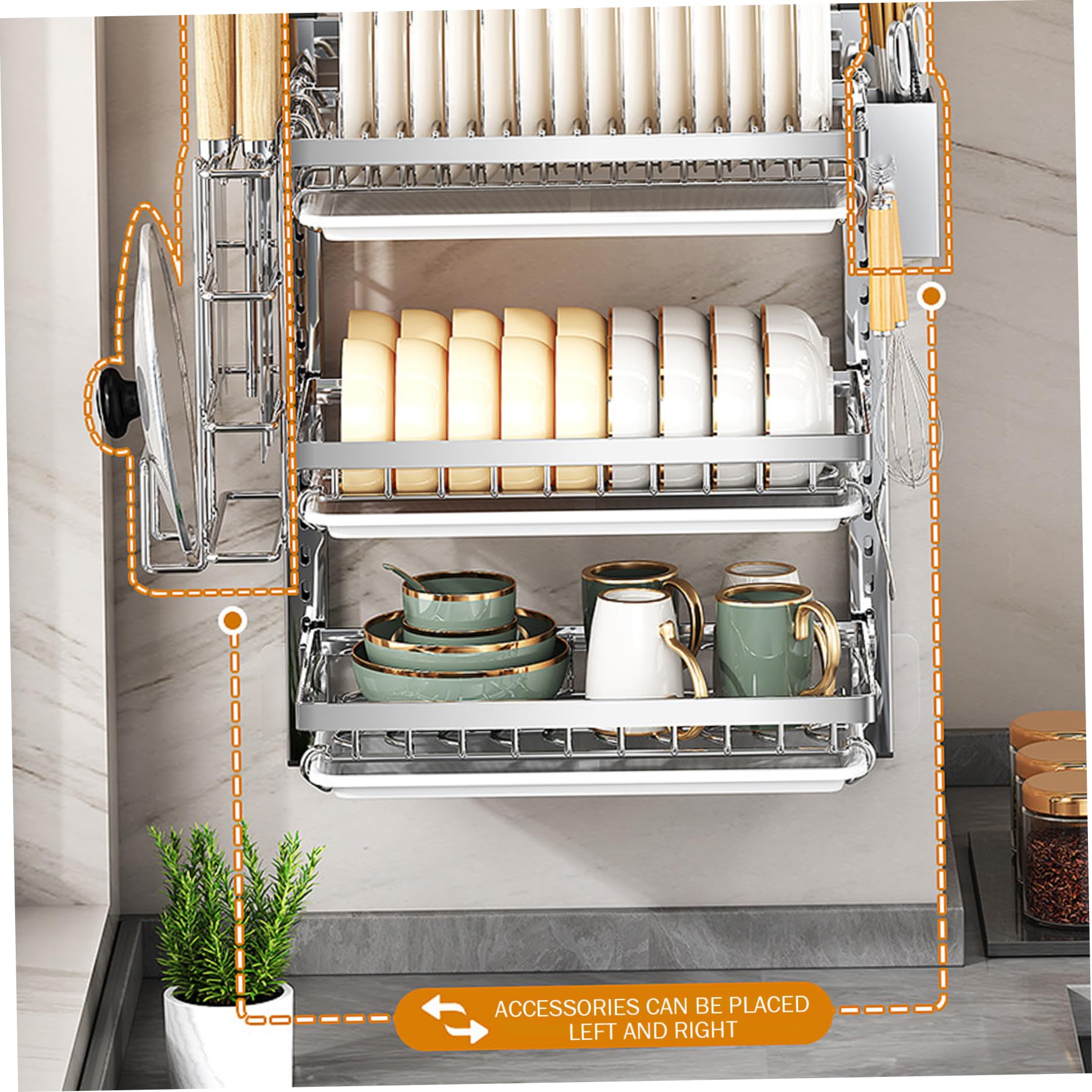 Escurridor de platos de 3 niveles de acero inoxidable para colgar en la pared, con escurridor, espacio ajustable y ganchos, soporte perfecto para utensilios de cocina pequeña