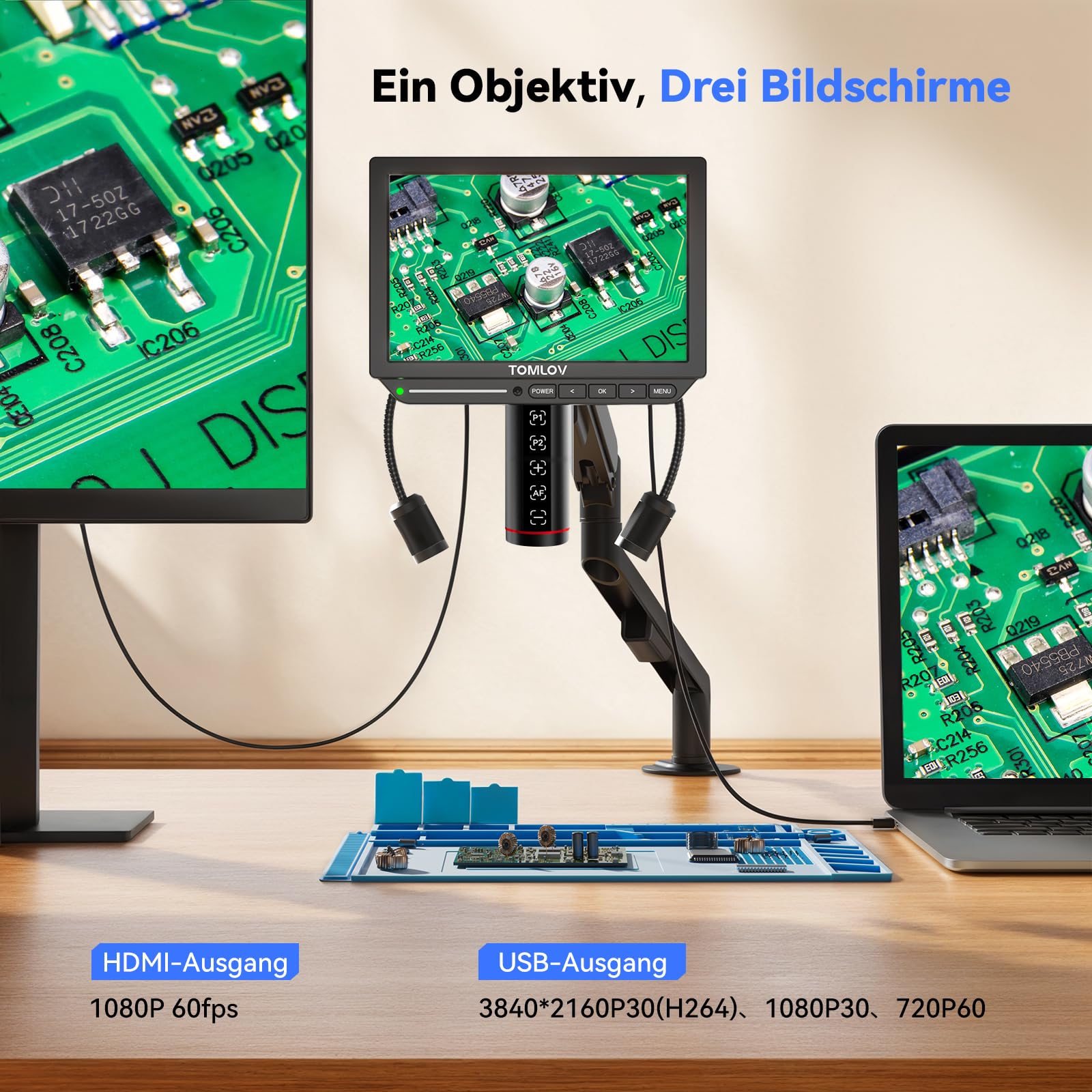 TOMLOV TM4K-AF Flex 4K Autofokus Digitales Mikroskop HDMI, 8" IPS Münzen Vergrößerung 2000X, 52MP Mikroskopkamera für Löten, mit Flex Arm, Multifunktionale Lötmatte, Seitenlichter, 64GB-Karte