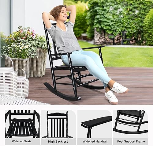 Miniatura 5 de VINGLI Mecedora de madera, silla para exteriores con soporte de 450 libras (negro, 2 piezas)